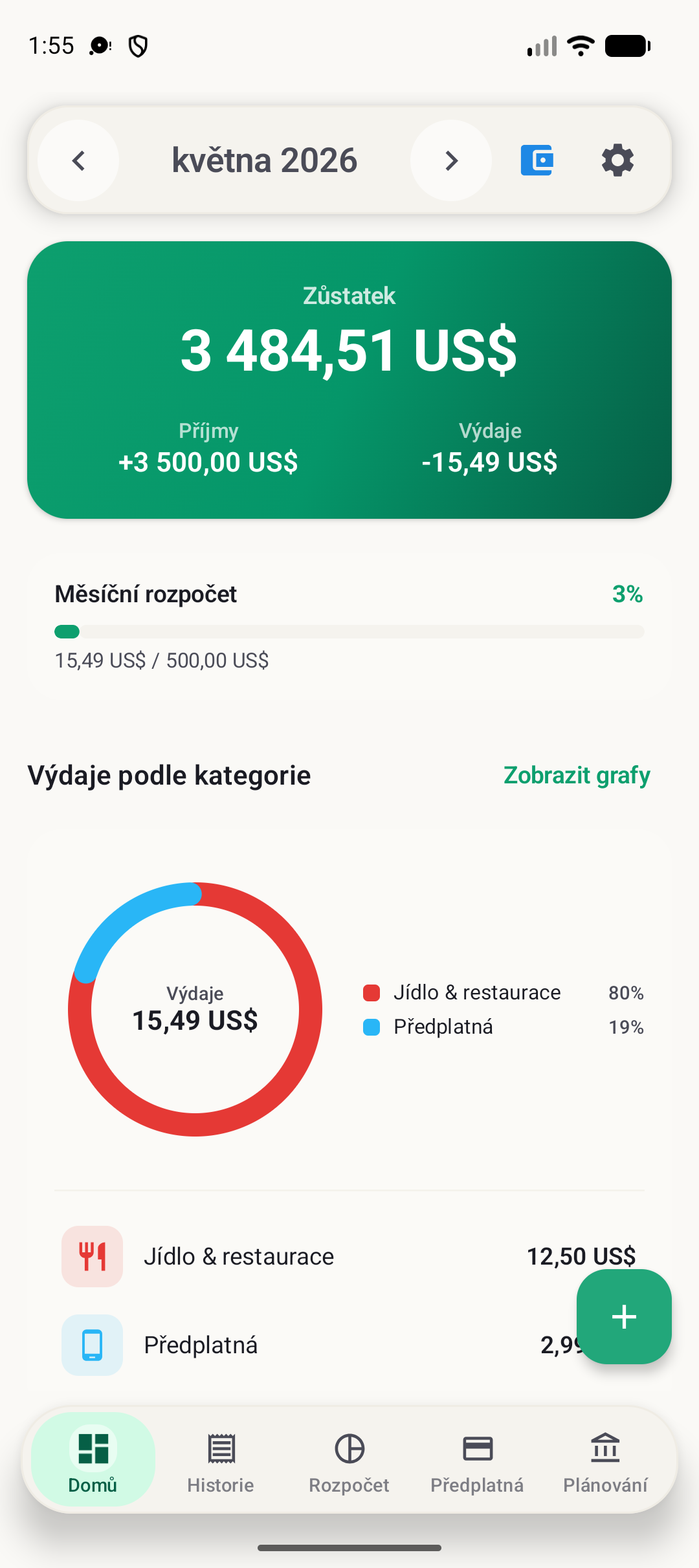 Obrazovka přidání transakce BudgetVault pro Android