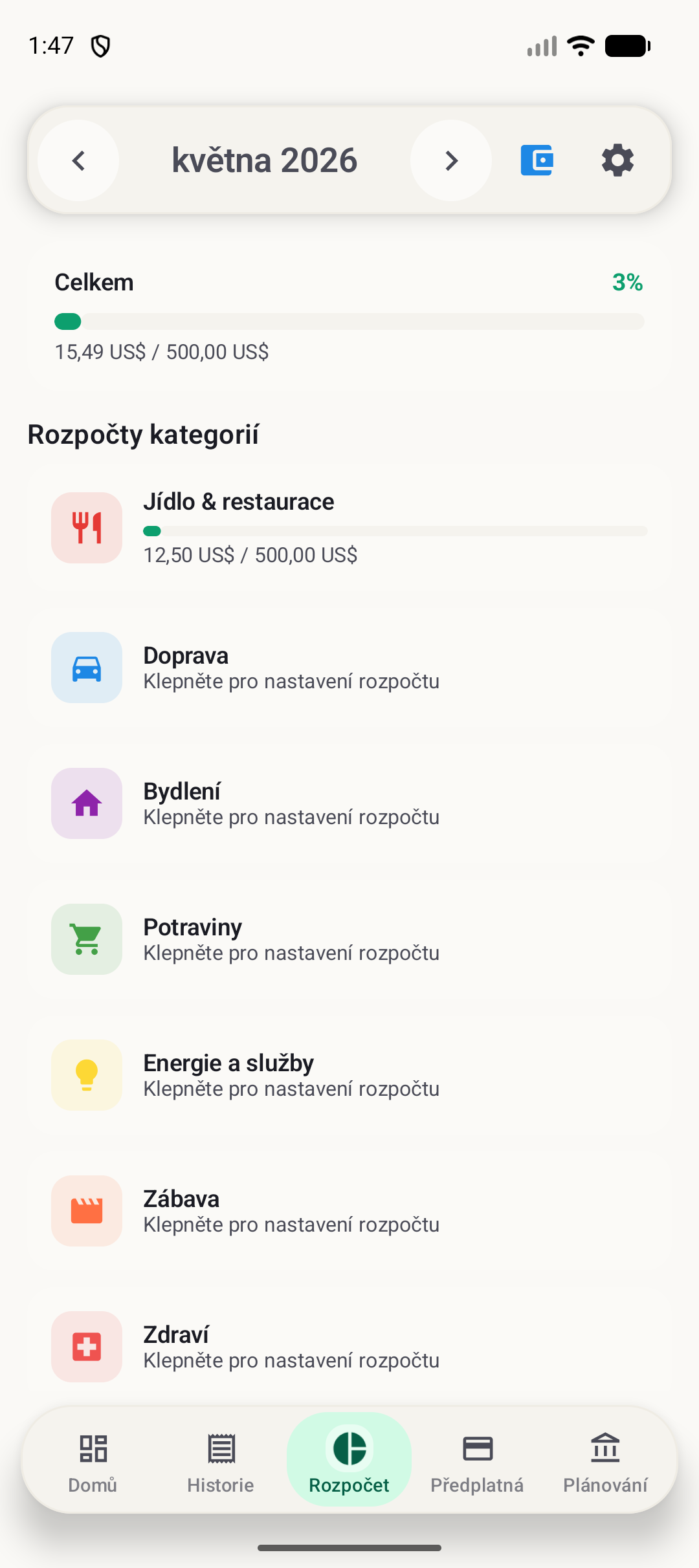 Obrazovka rozpočtu BudgetVault pro Android