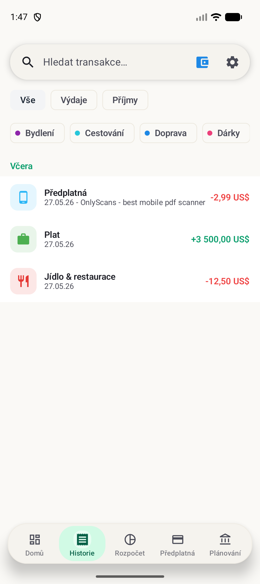 Obrazovka historie BudgetVault pro Android