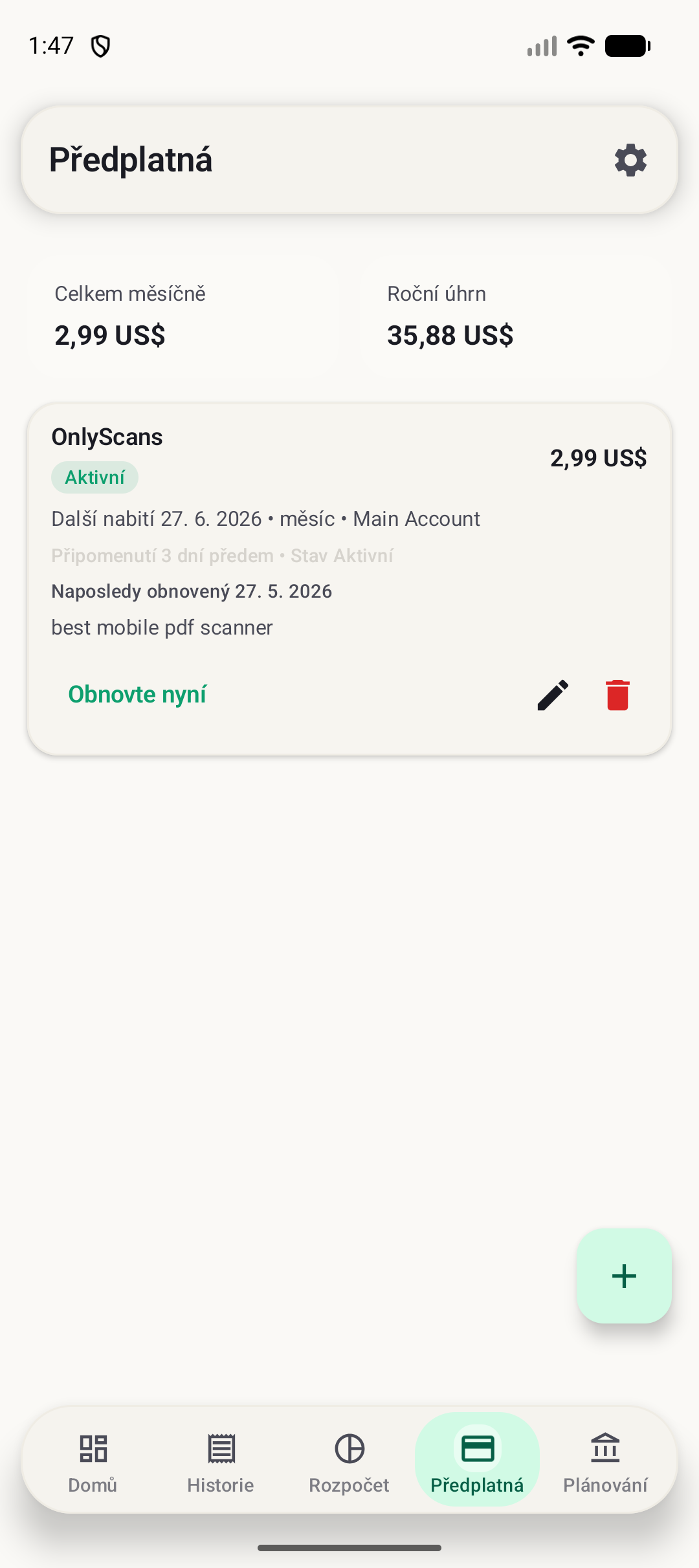 Obrazovka předplatných BudgetVault pro Android