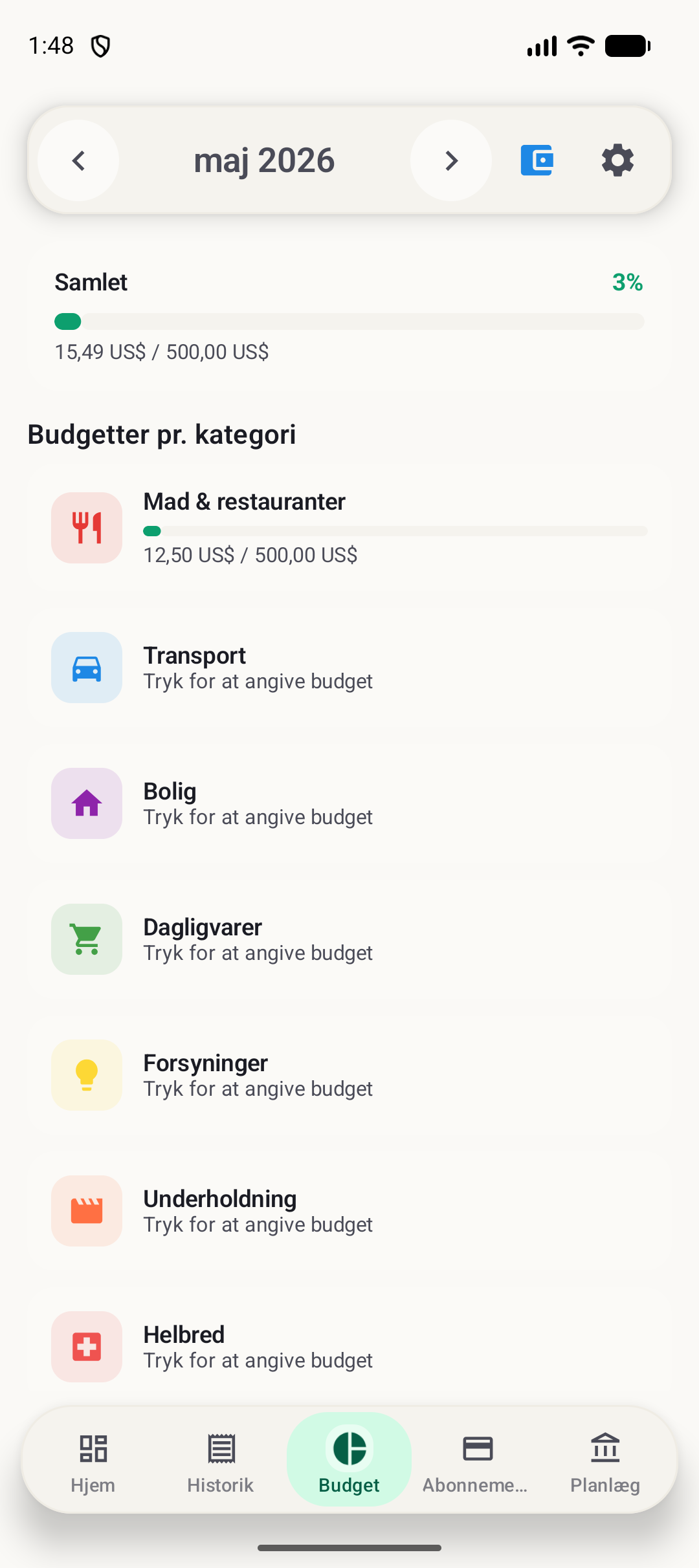 BudgetVault Android-budgetskærm