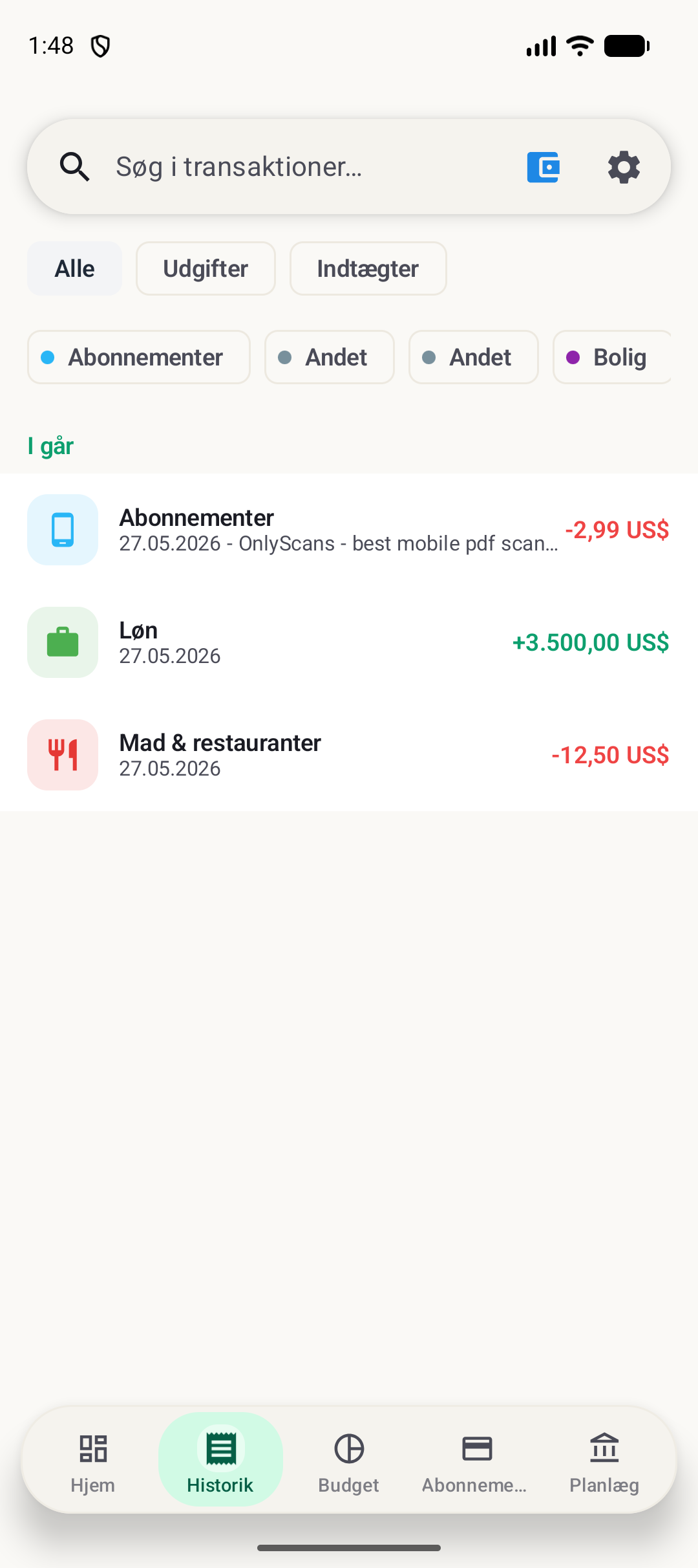 BudgetVault Android-historikskærm
