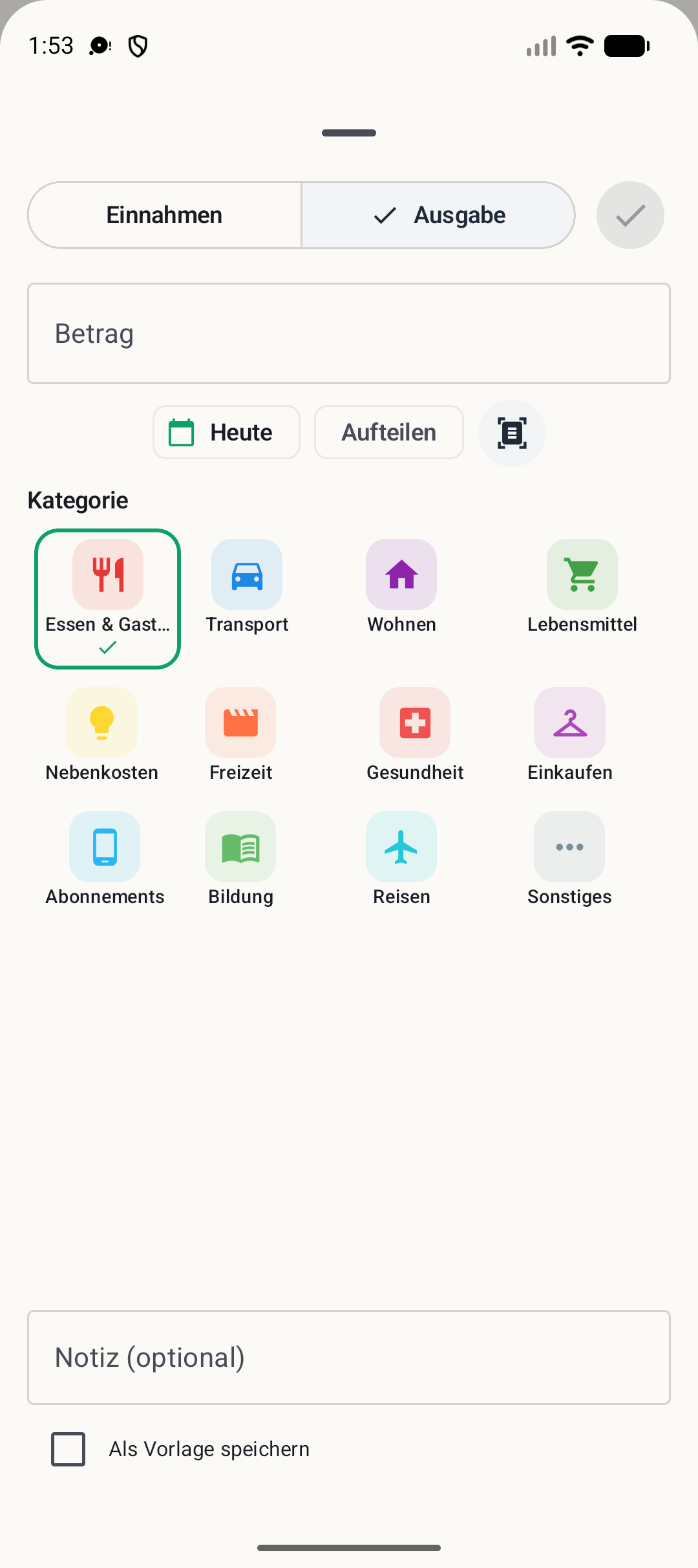 Bildschirm zum Hinzufügen einer Transaktion in BudgetVault für Android