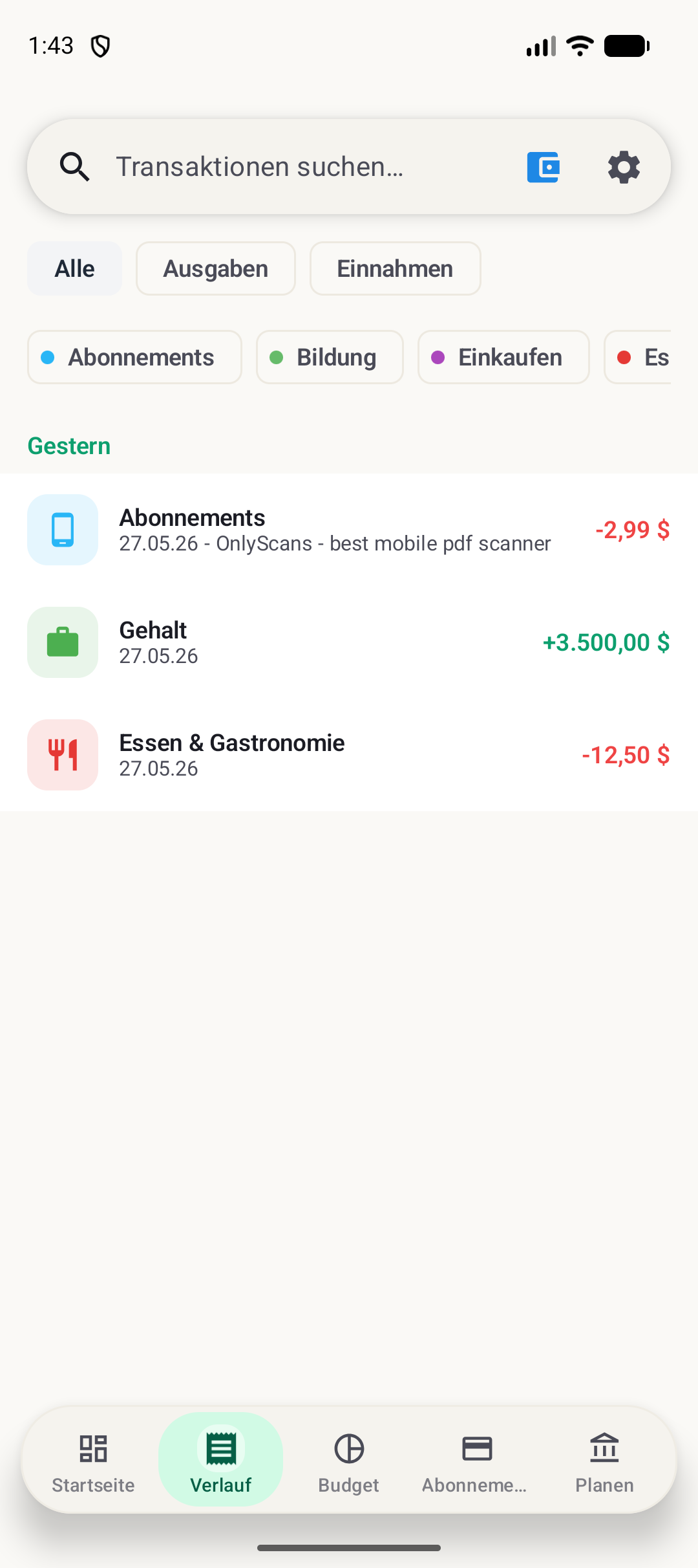 Verlaufsbildschirm von BudgetVault für Android