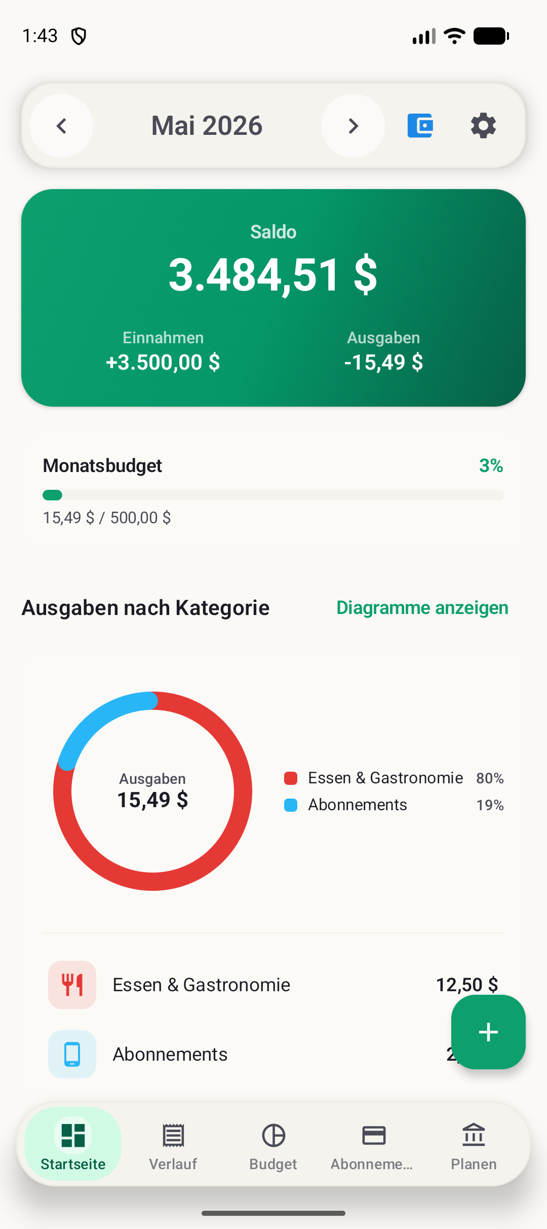 Startbildschirm von BudgetVault für Android