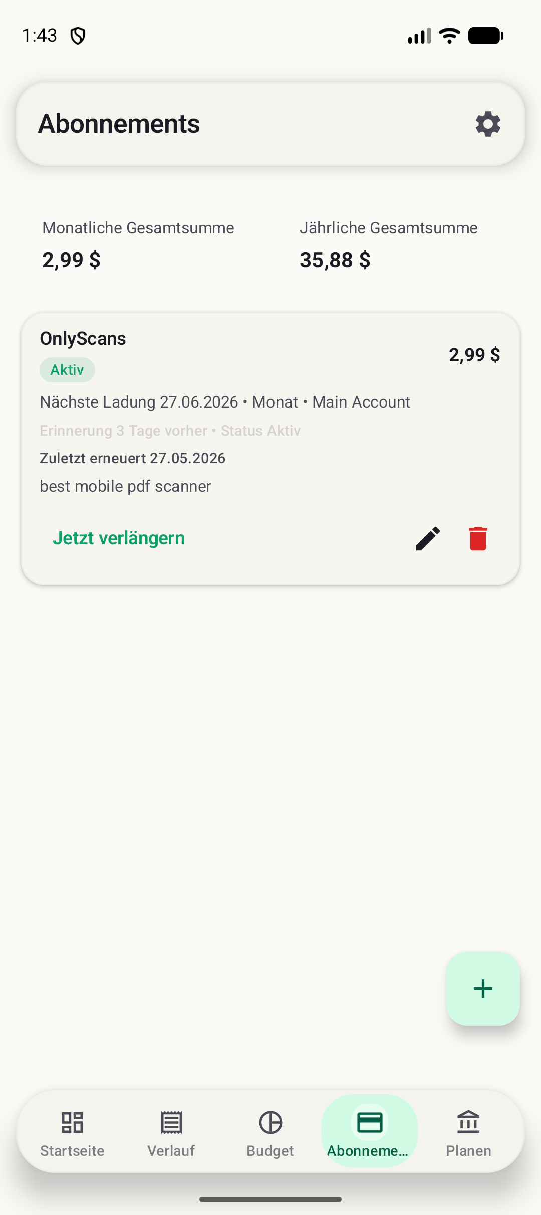 Abo-Bildschirm von BudgetVault für Android