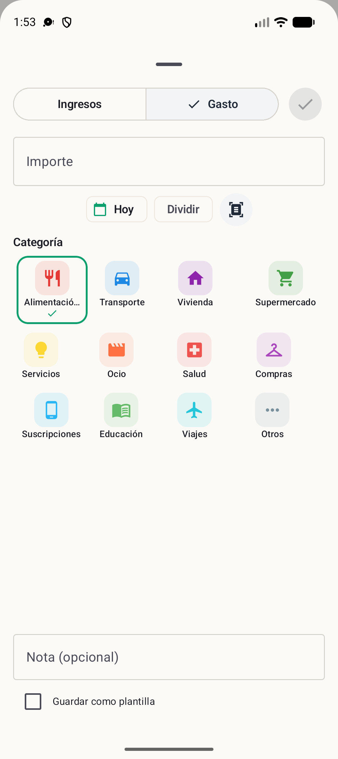 Pantalla para añadir transacción en BudgetVault para Android