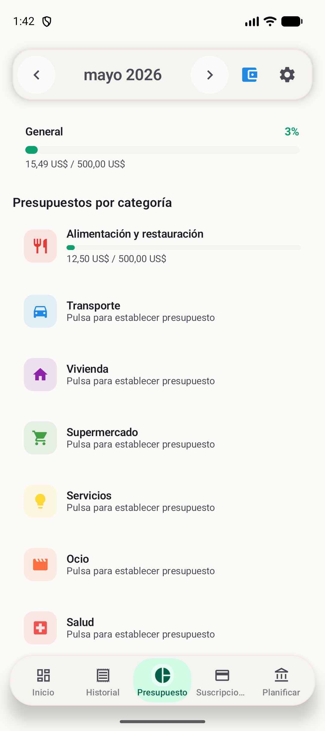 Pantalla de presupuesto de BudgetVault para Android