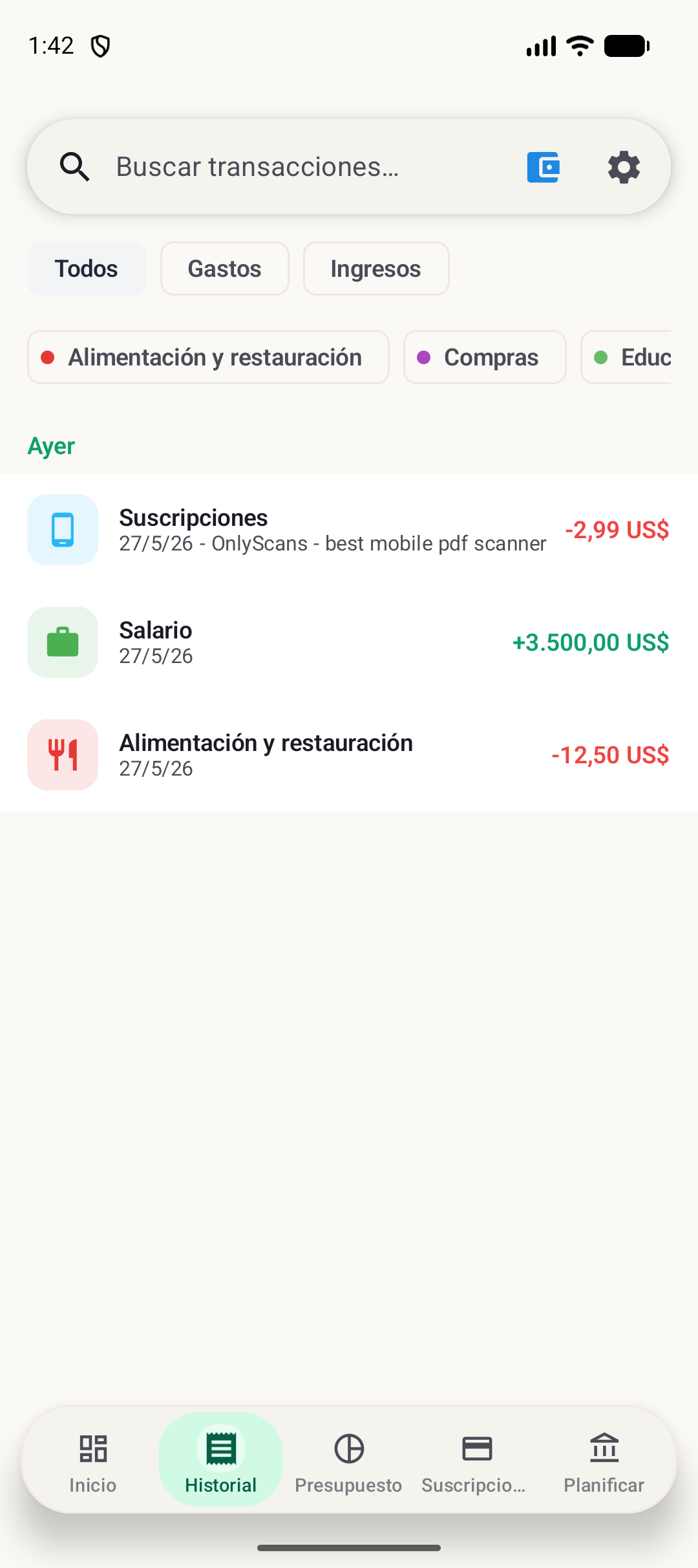 Pantalla de historial de BudgetVault para Android
