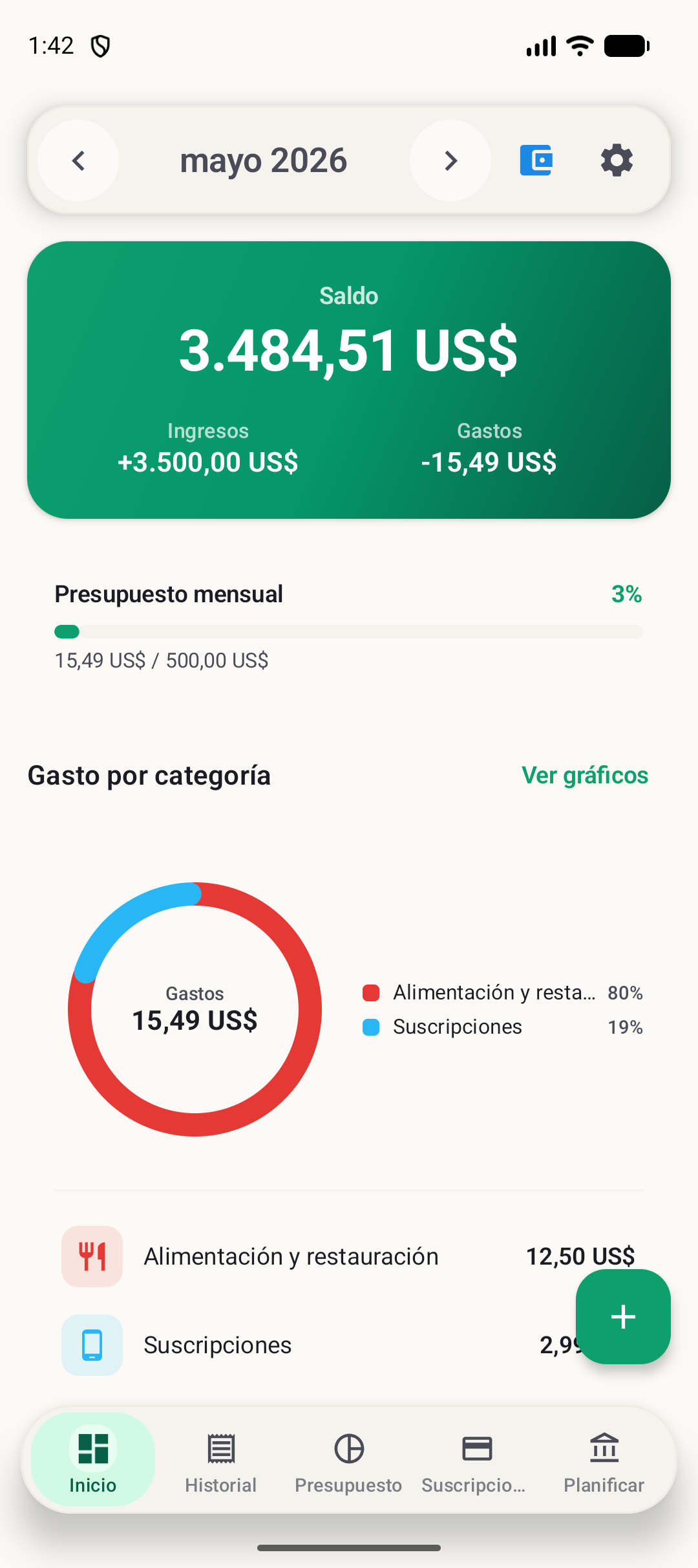 Pantalla de inicio de BudgetVault para Android