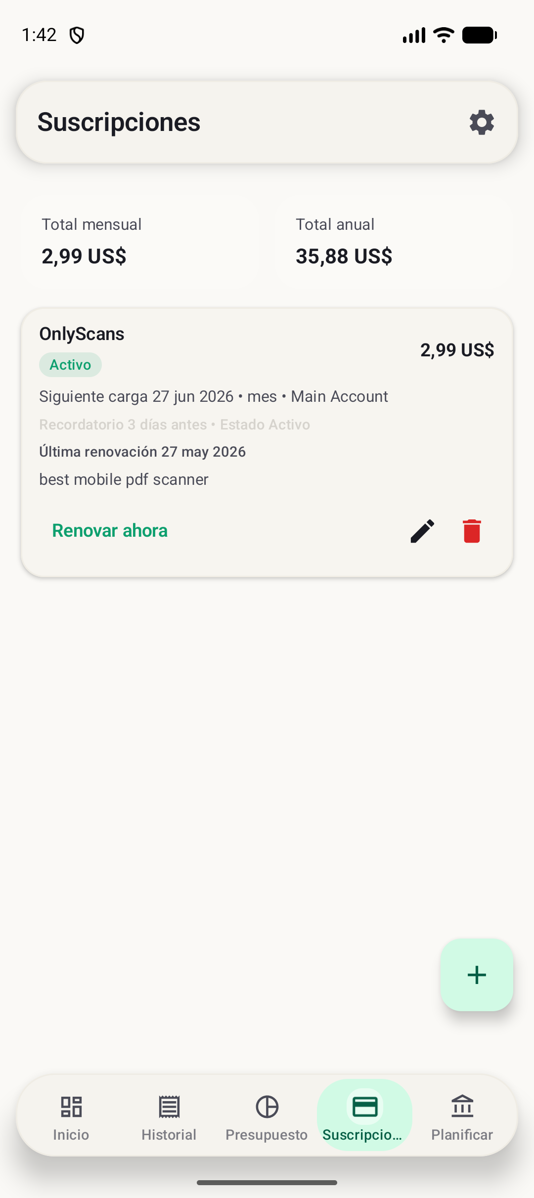 Pantalla de suscripciones de BudgetVault para Android