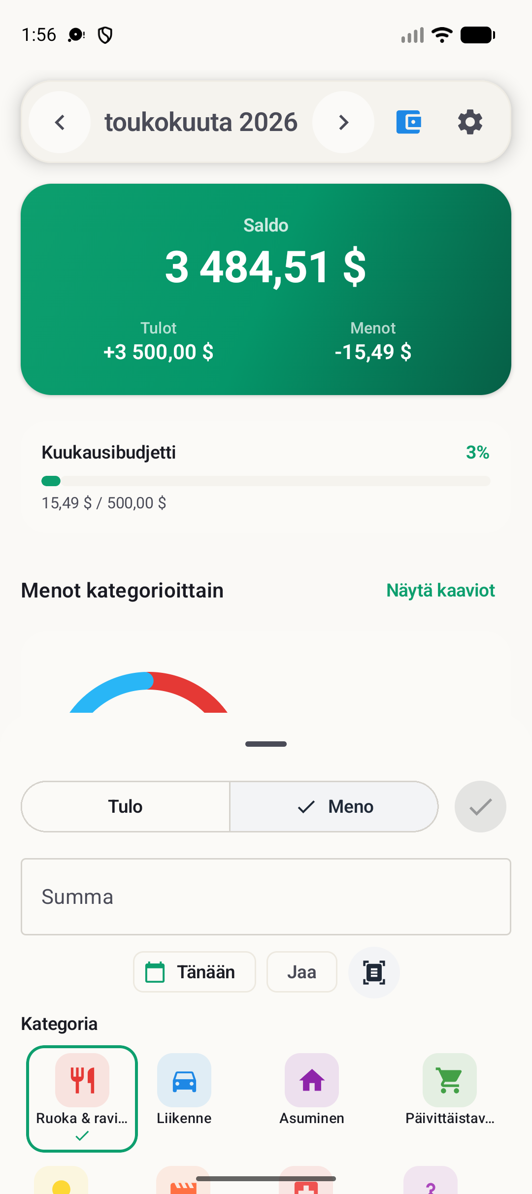 BudgetVault Android -tapahtuman lisäysnäyttö