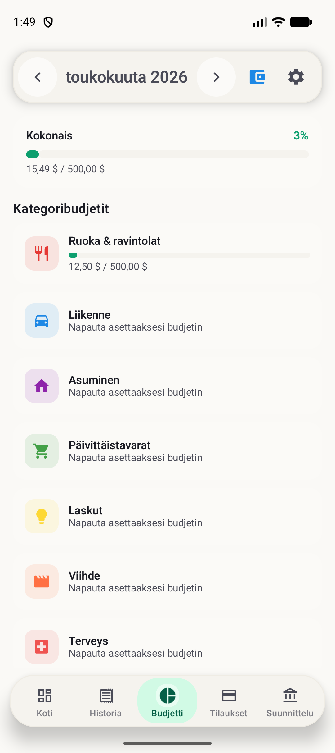 BudgetVault Android -budjettinäyttö