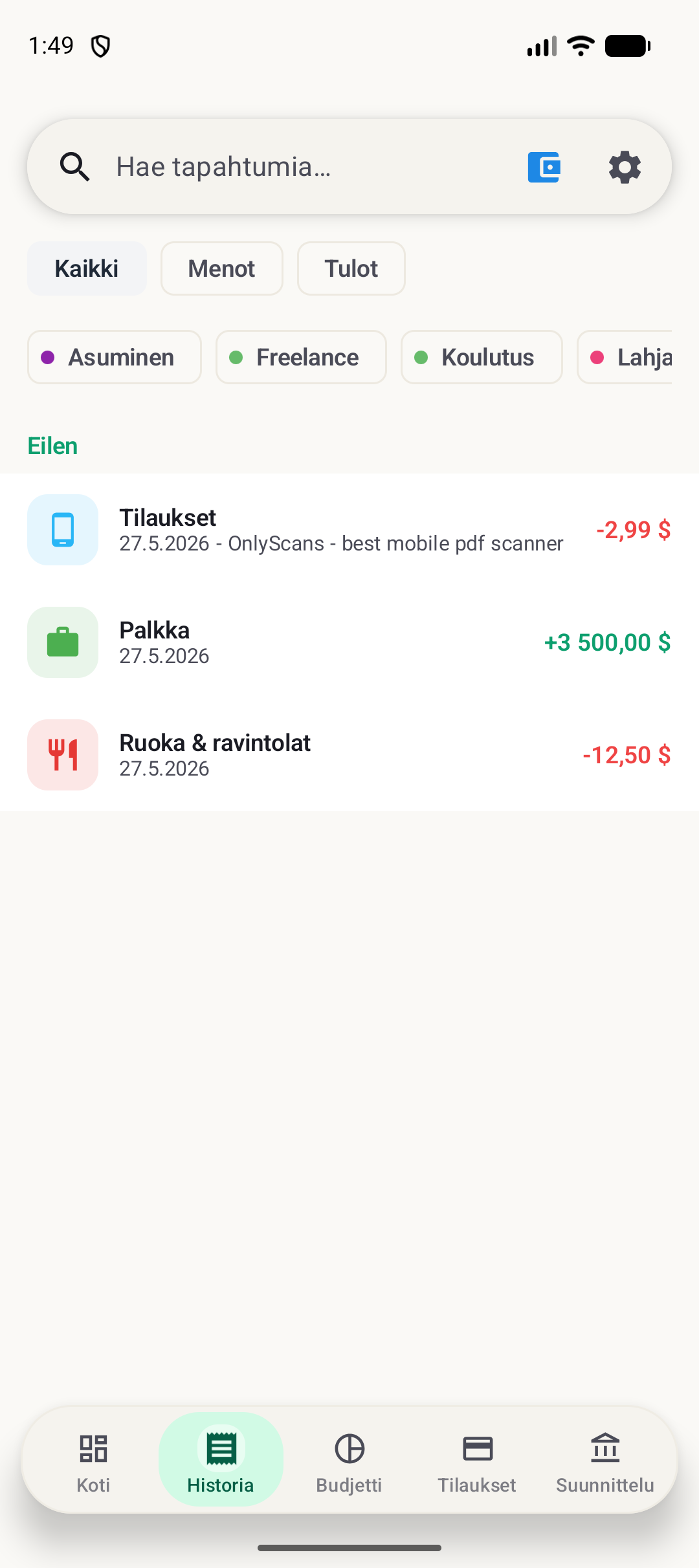 BudgetVault Android -historianäyttö