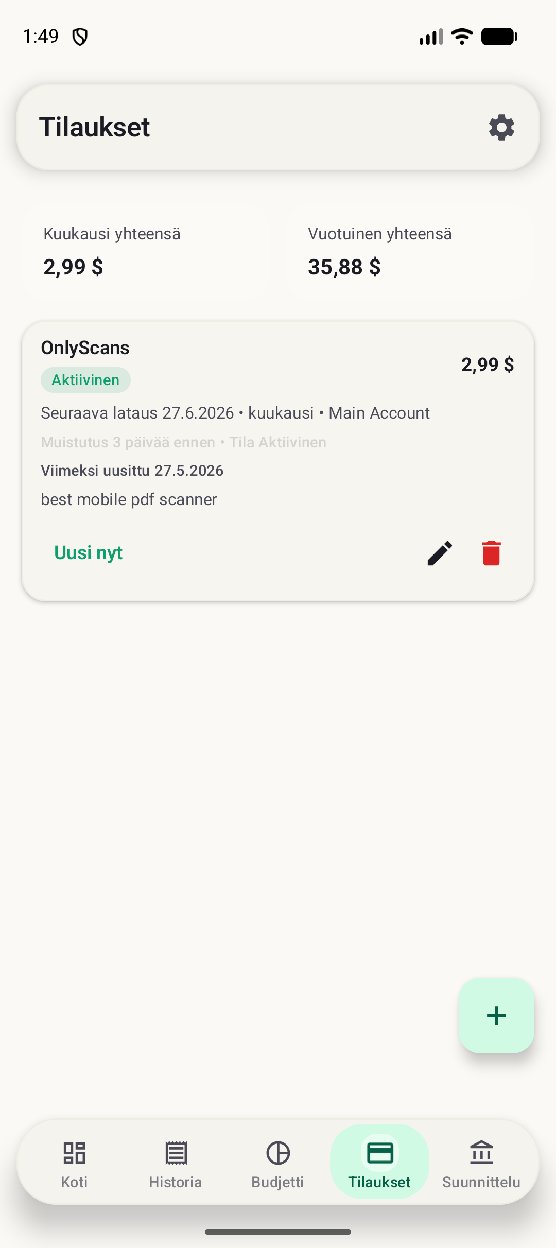 BudgetVault Android -tilausnäyttö