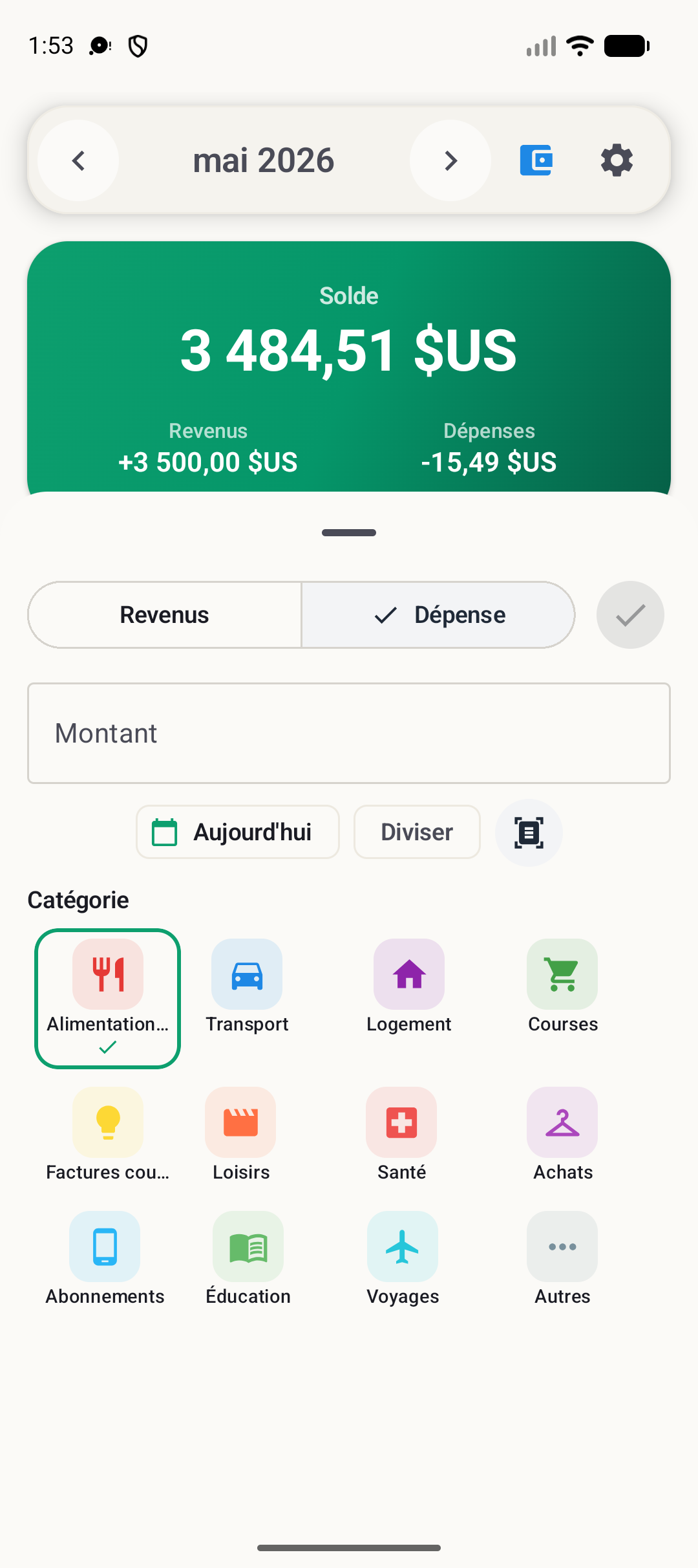 Écran d’ajout de transaction Android de BudgetVault
