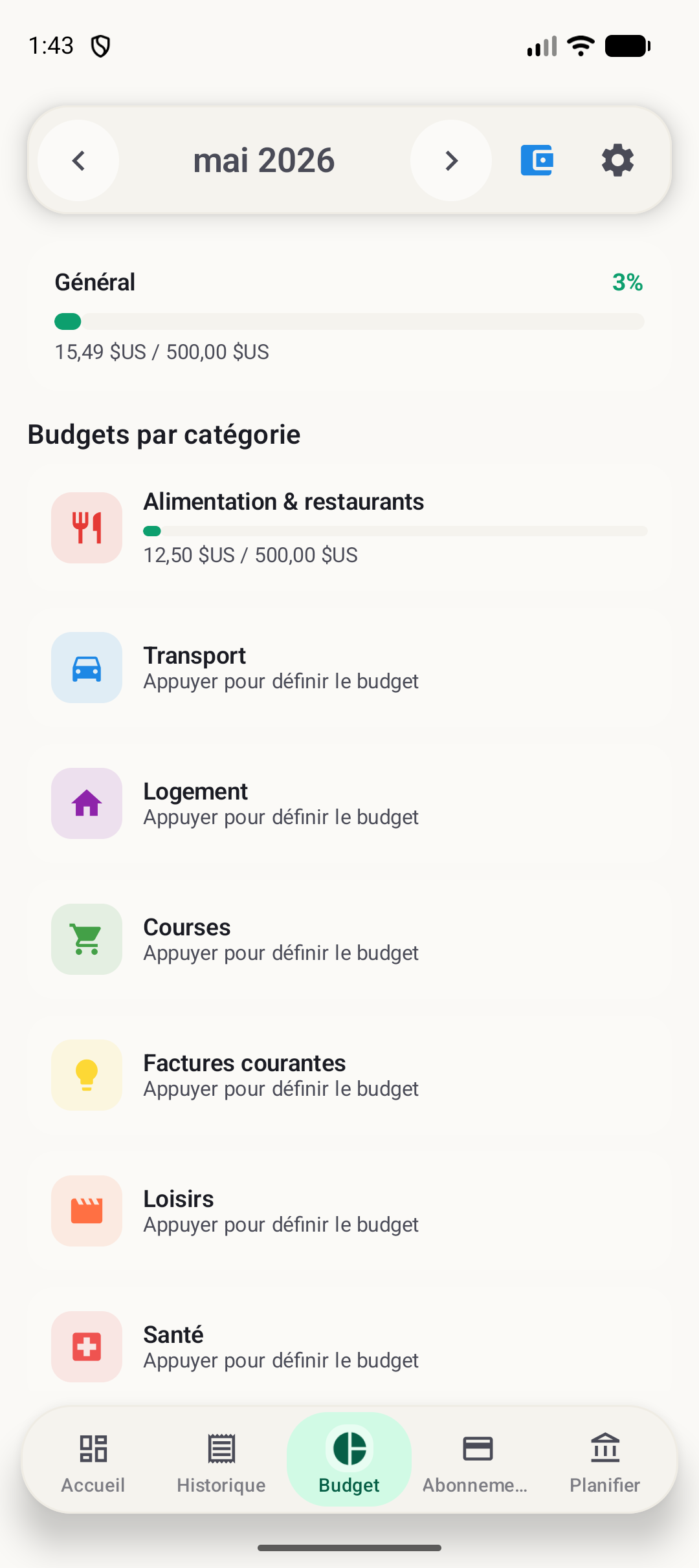 Écran de budget Android de BudgetVault