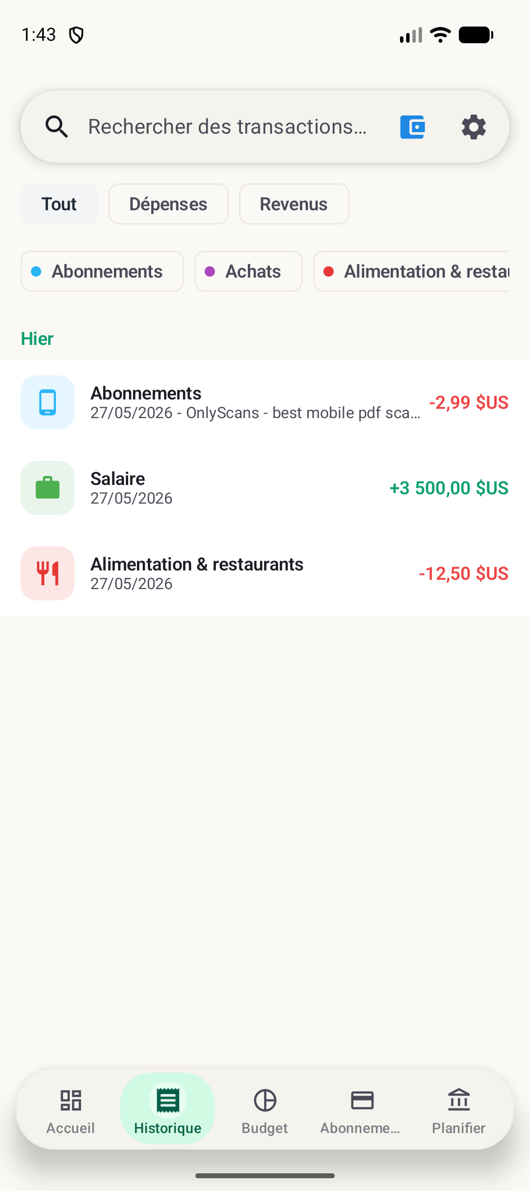 Écran d’historique Android de BudgetVault