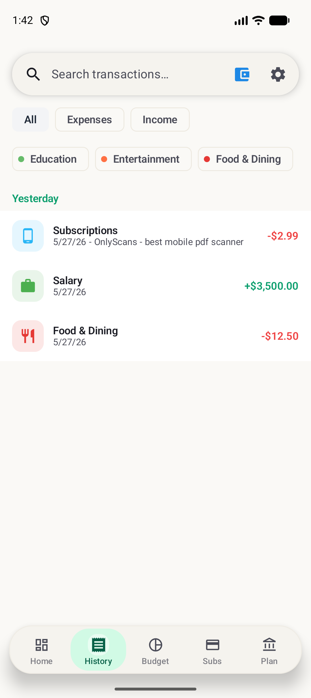 BudgetVault Android history screen