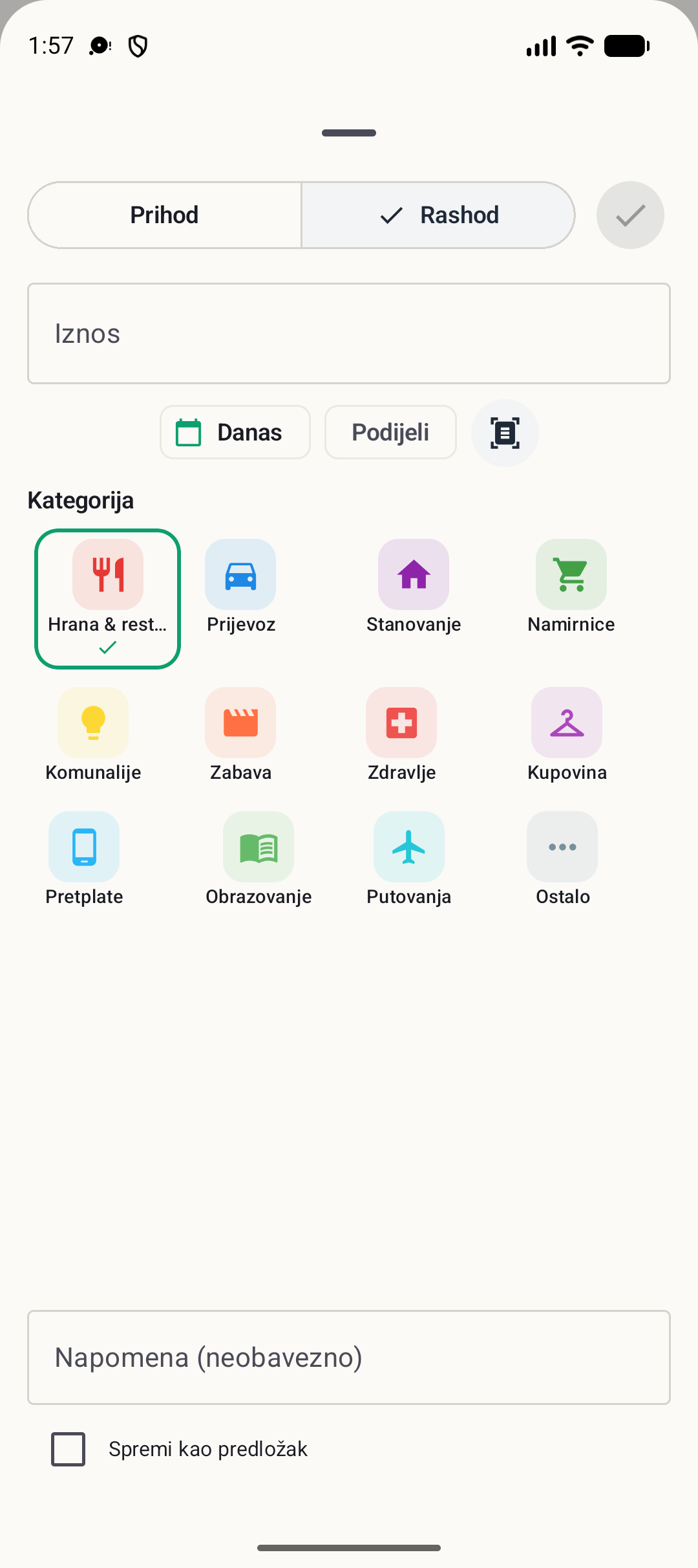 Zaslon dodavanja transakcije BudgetVault za Android