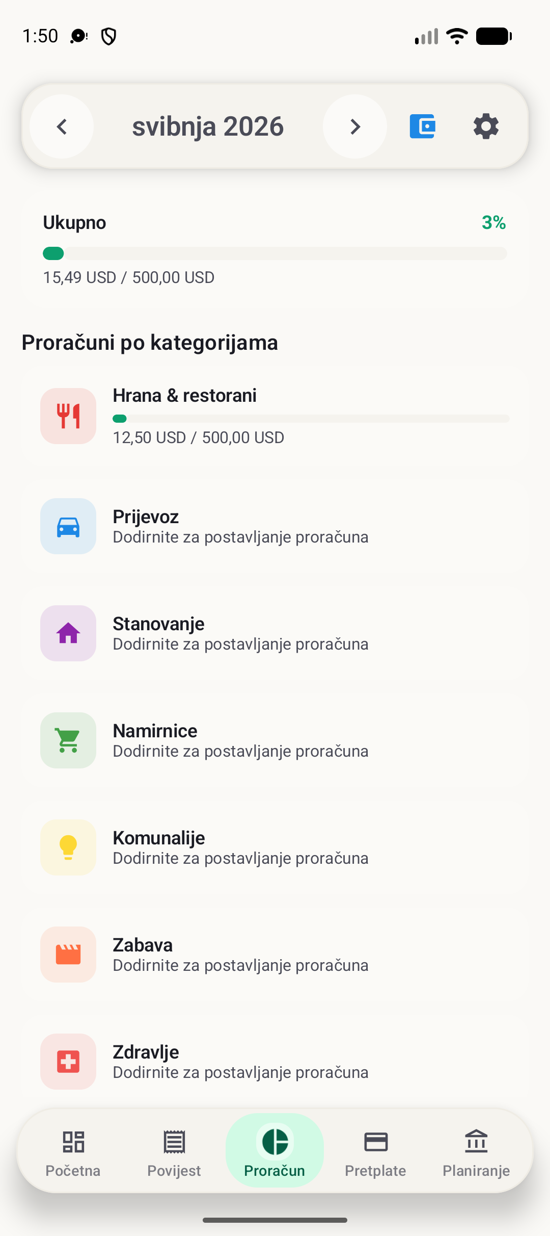 Zaslon budžeta BudgetVault za Android