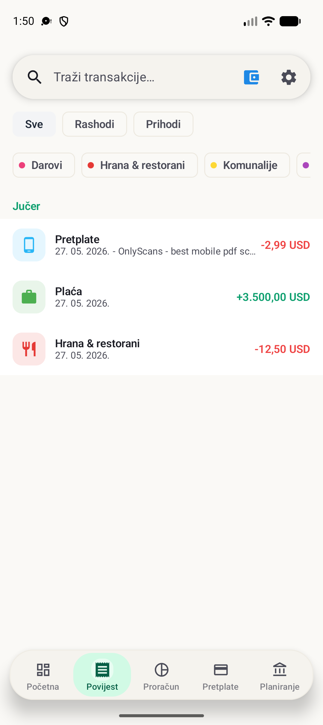 Zaslon povijesti BudgetVault za Android