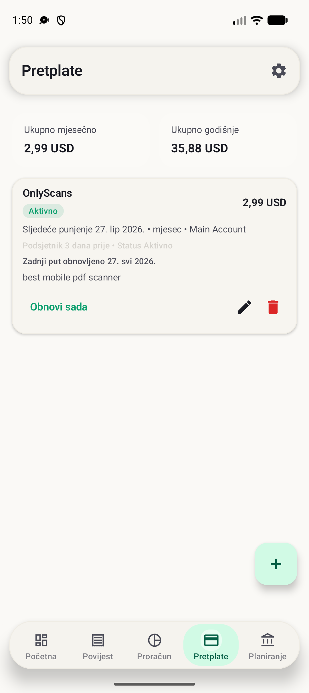Zaslon pretplata BudgetVault za Android