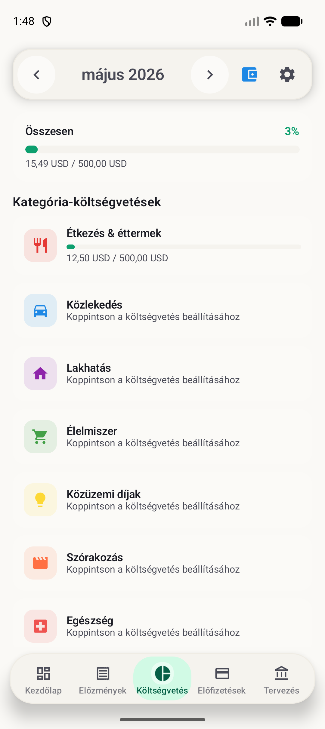 BudgetVault Android költségvetés képernyő