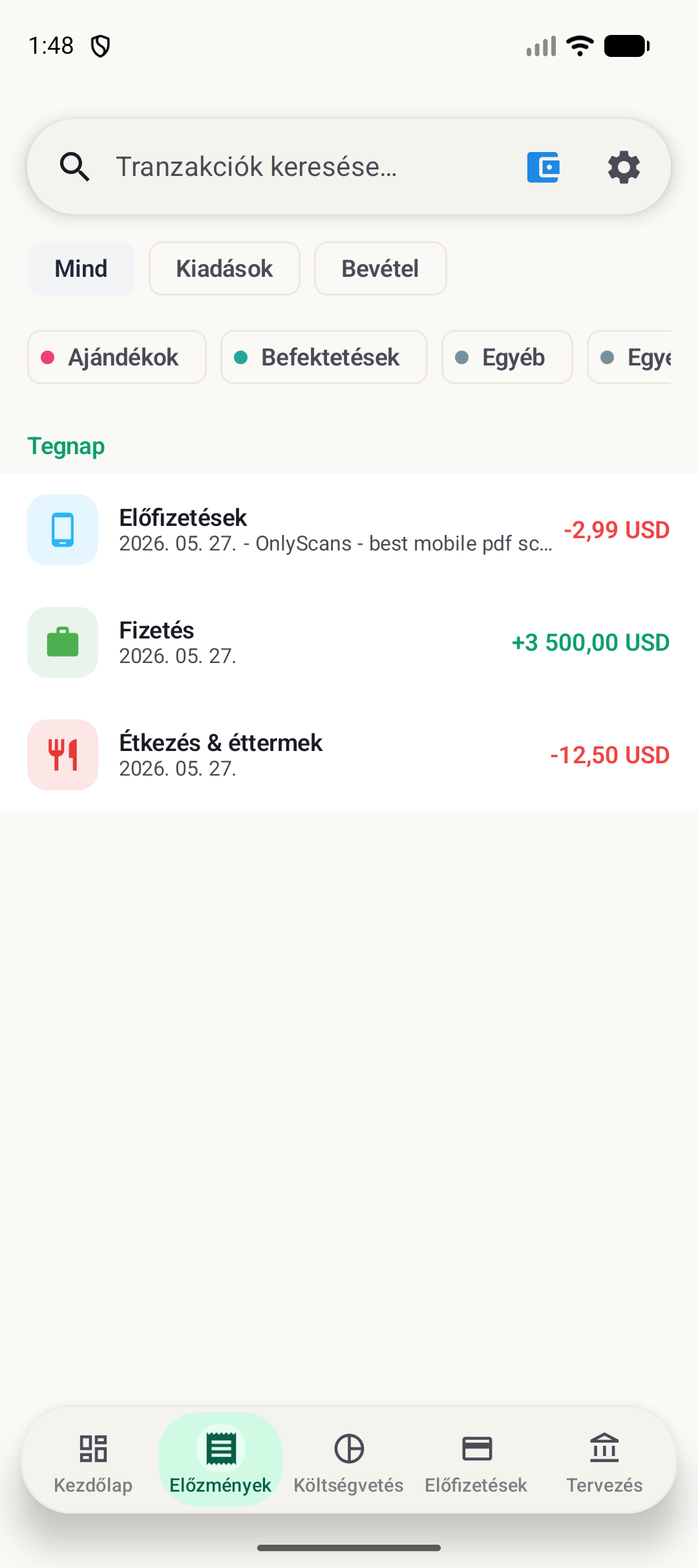 BudgetVault Android előzmények képernyő