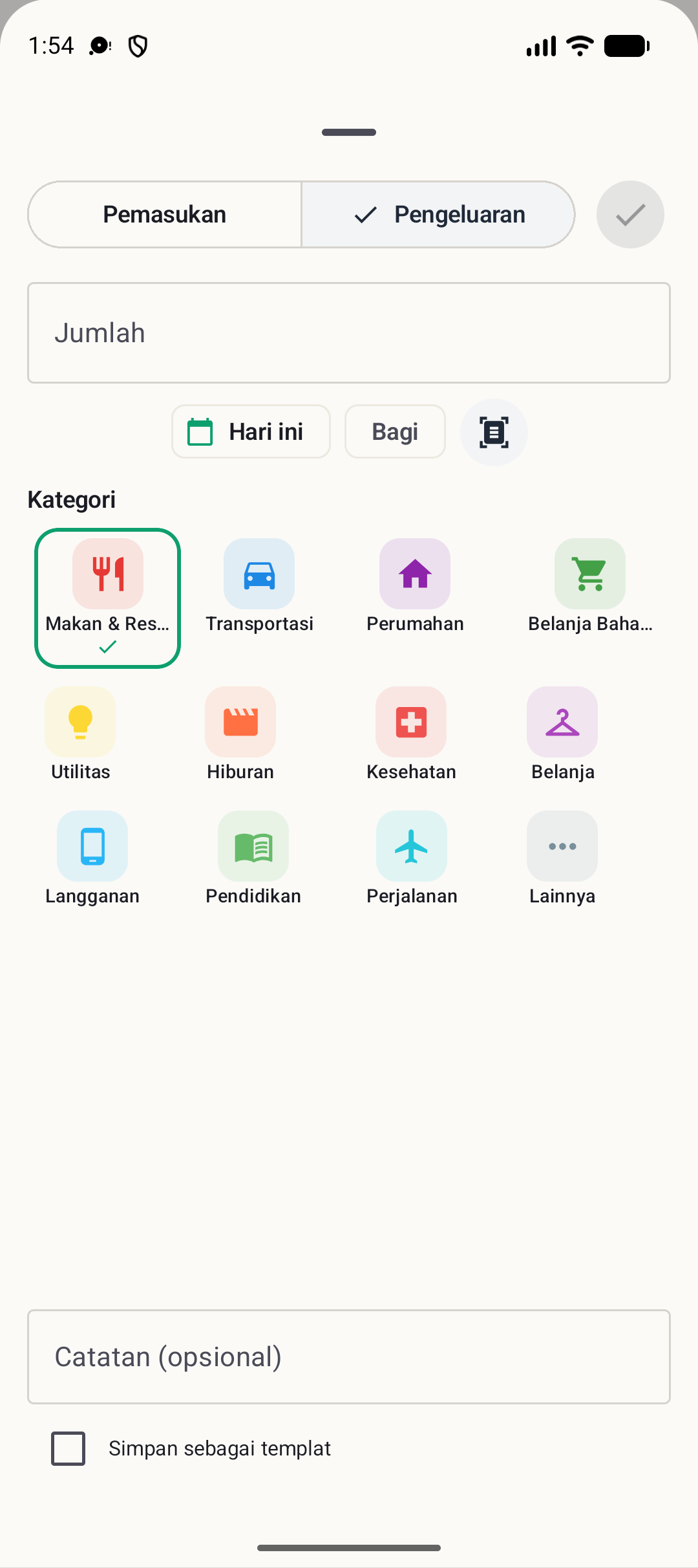 Layar tambah transaksi BudgetVault Android