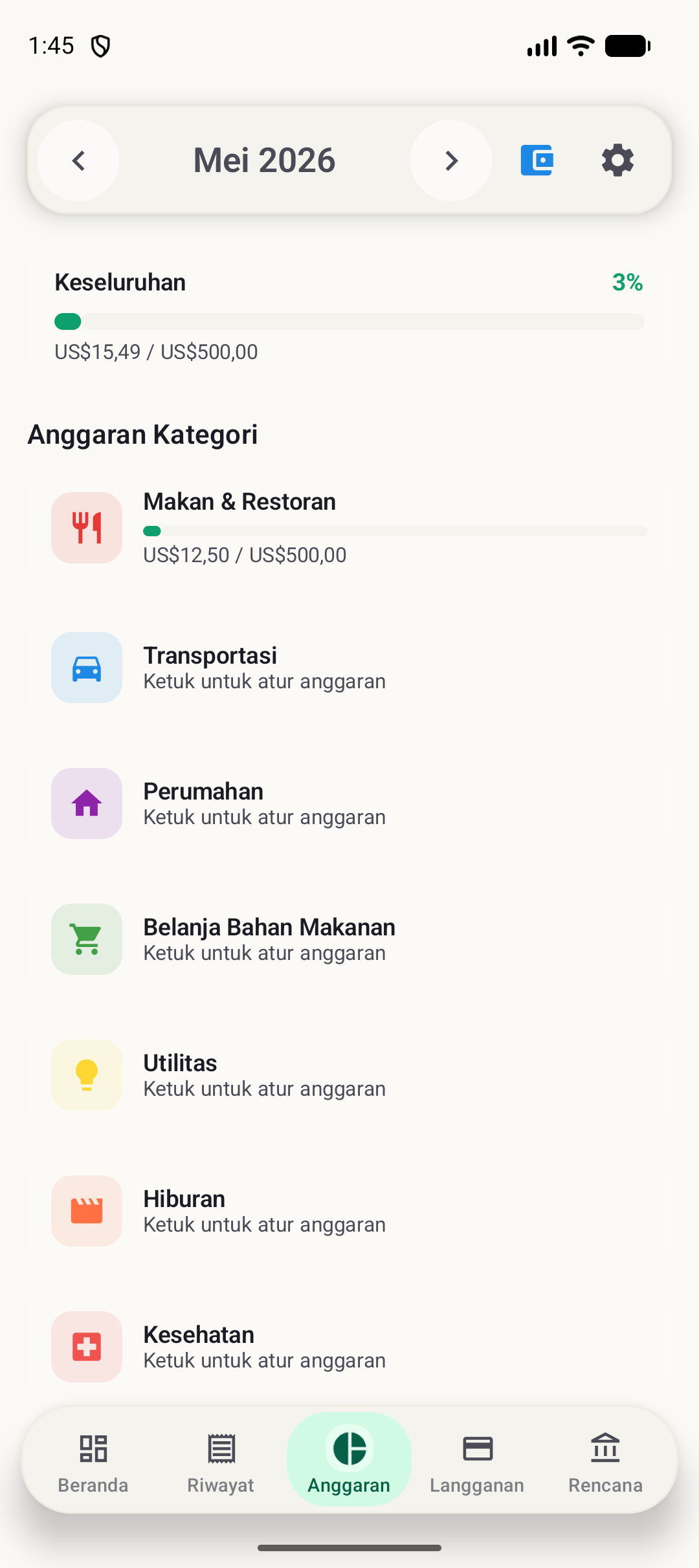 Layar anggaran BudgetVault Android