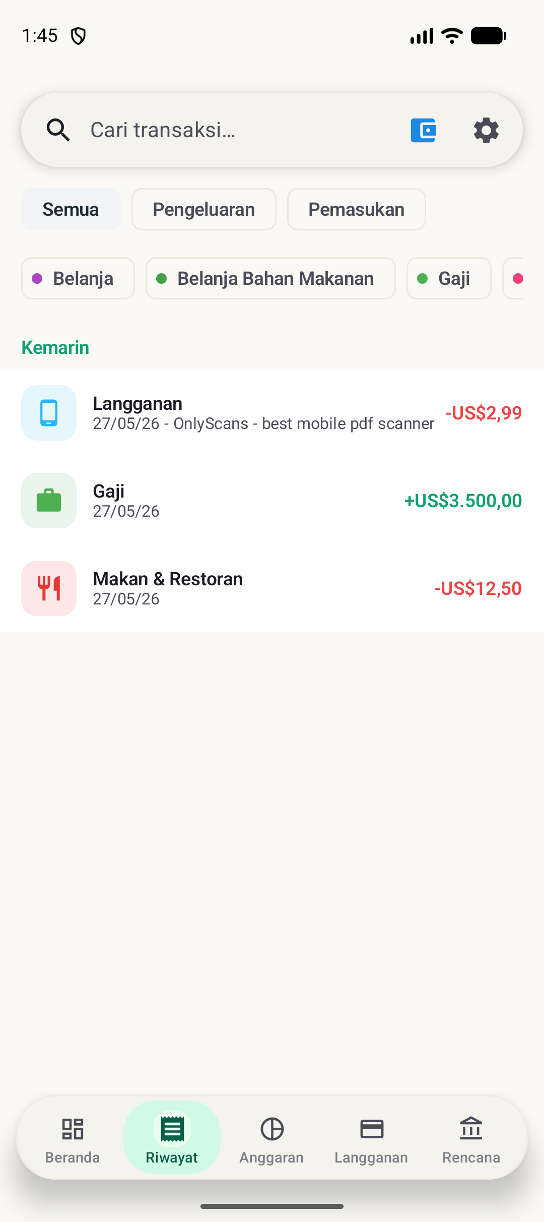 Layar riwayat BudgetVault Android