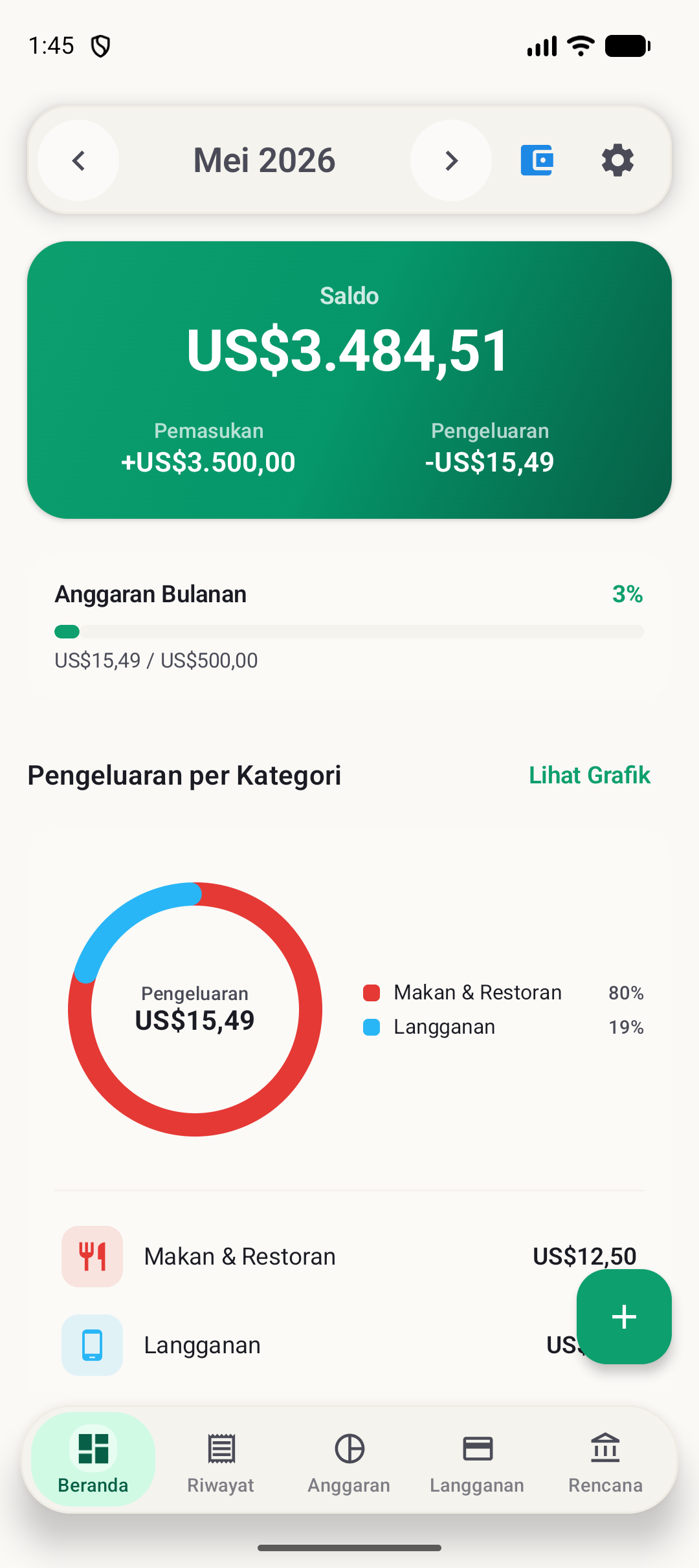 Layar beranda BudgetVault Android