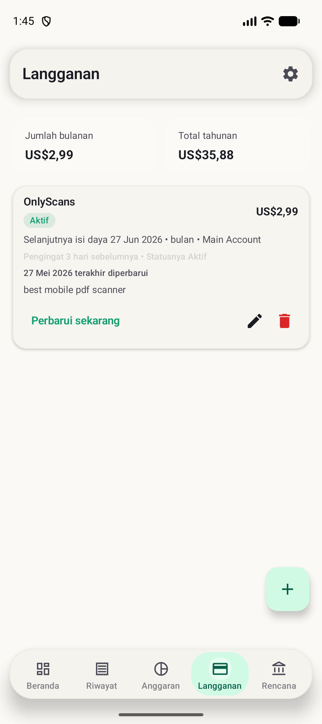 Layar langganan BudgetVault Android