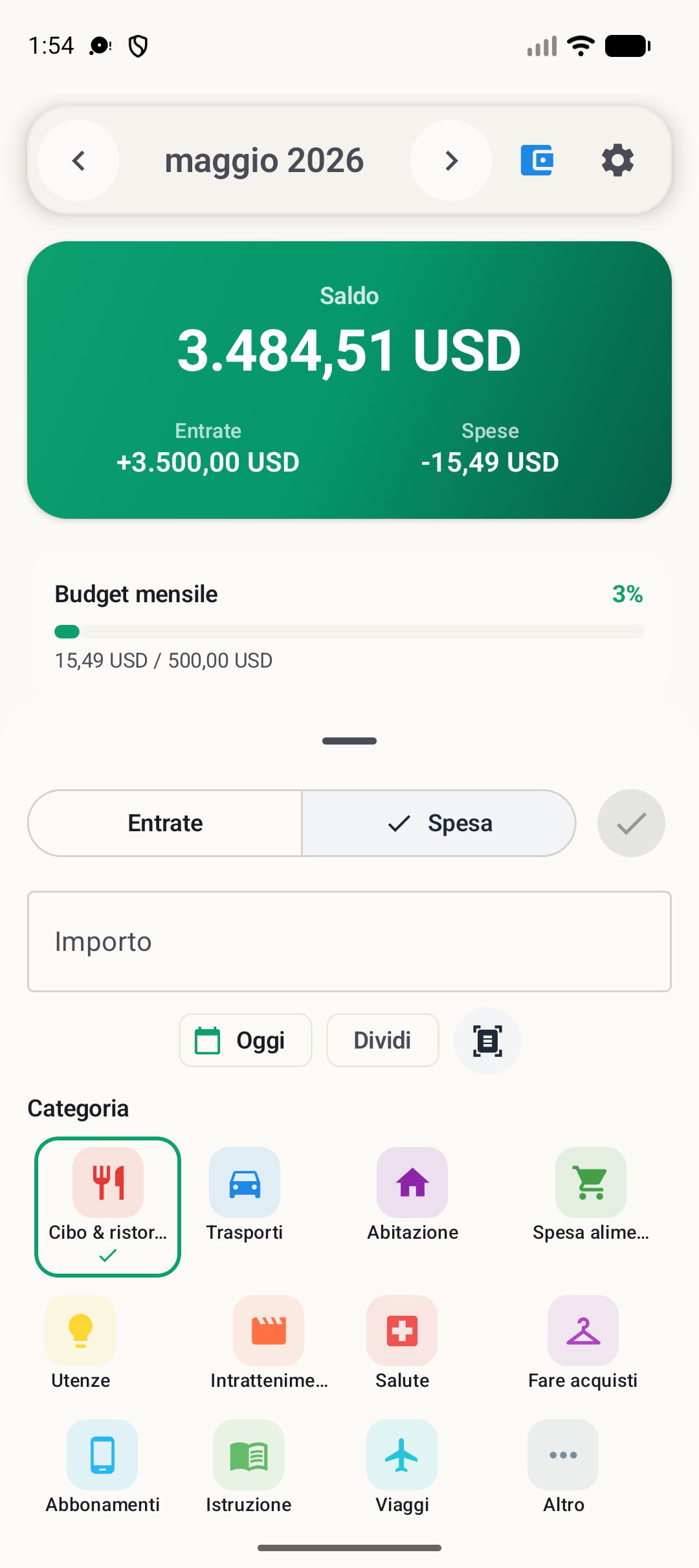 Schermata aggiunta transazione Android di BudgetVault
