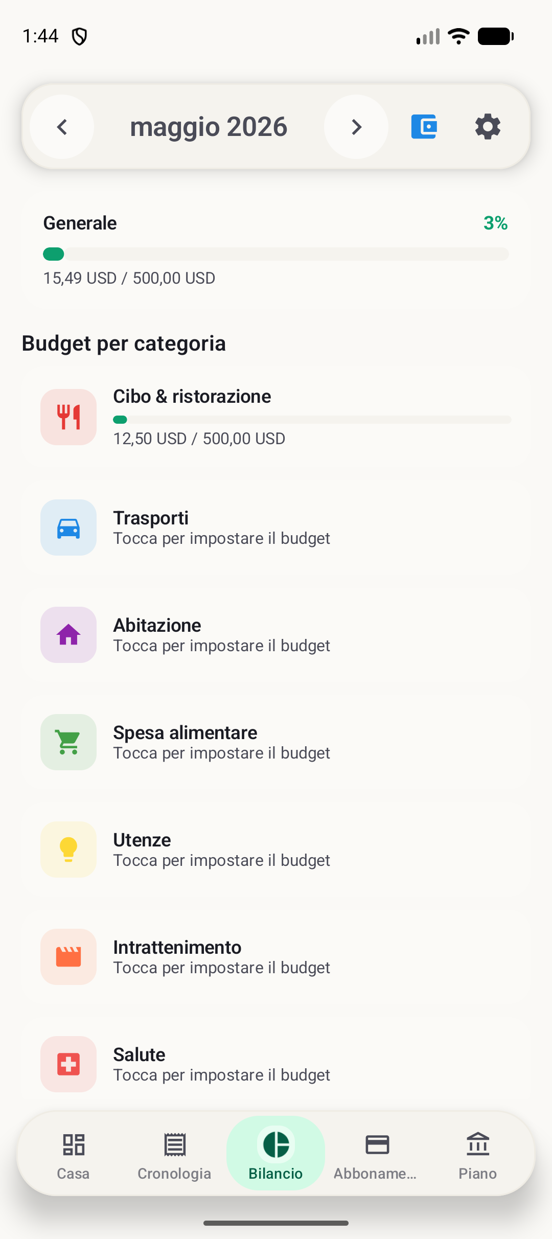 Schermata budget Android di BudgetVault