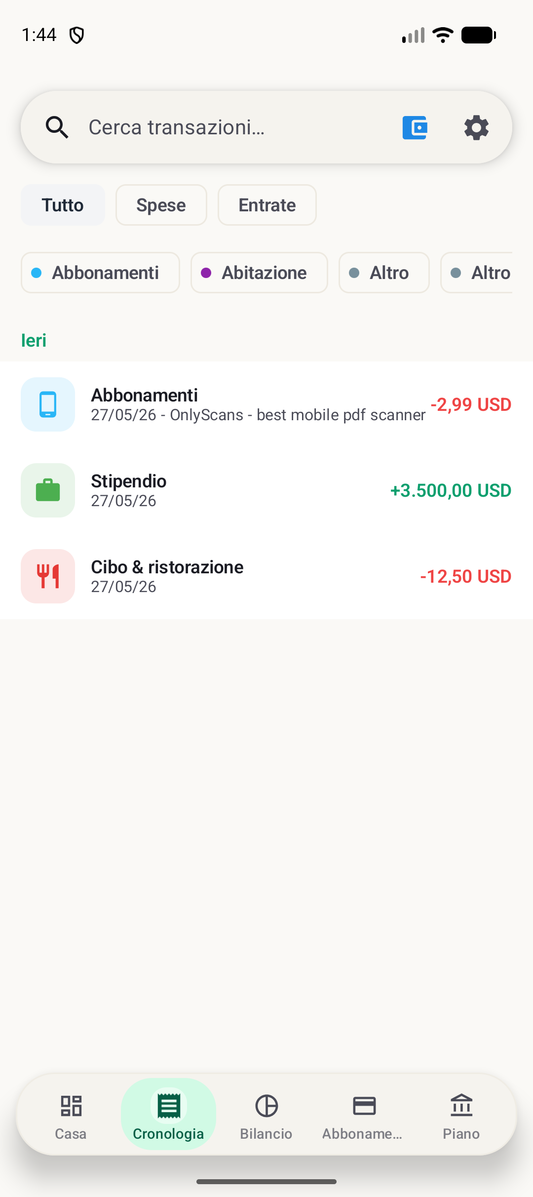 Schermata cronologia Android di BudgetVault