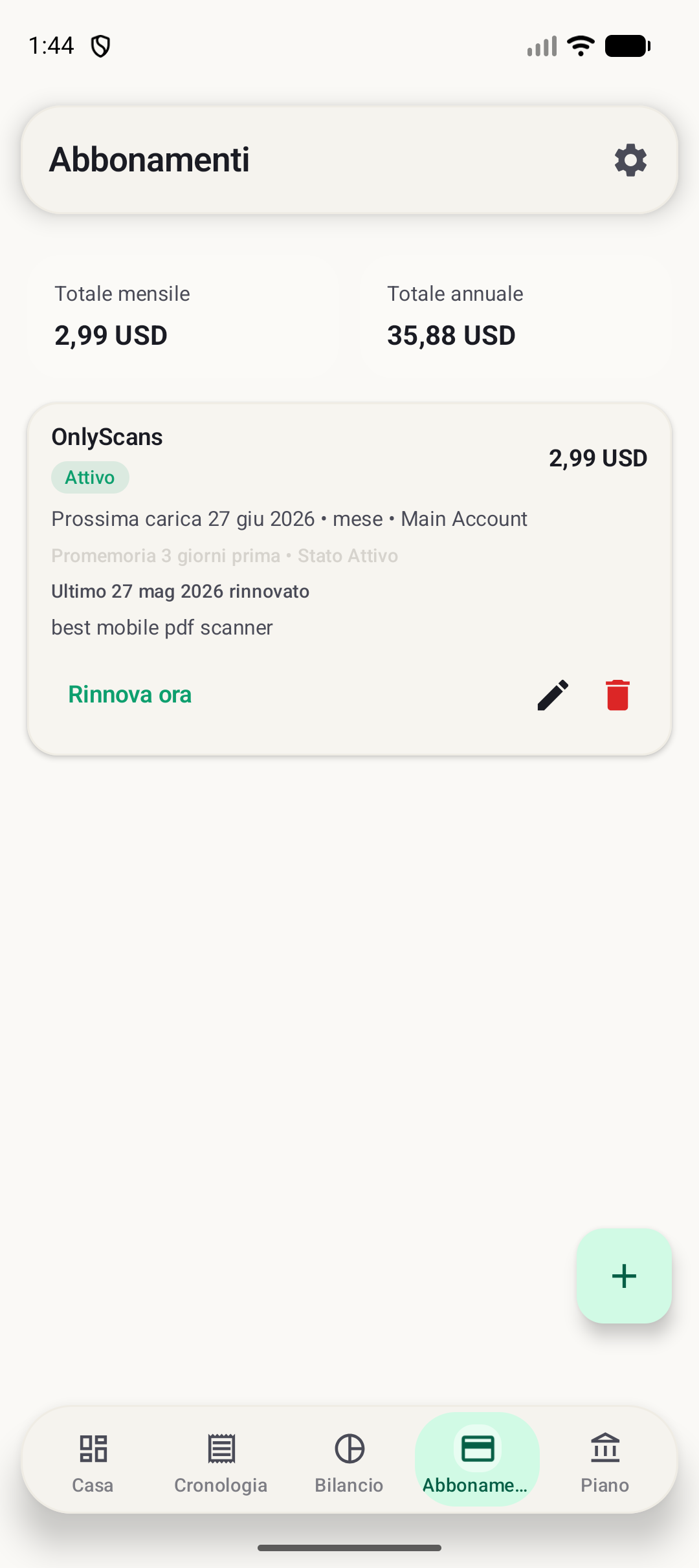 Schermata abbonamenti Android di BudgetVault