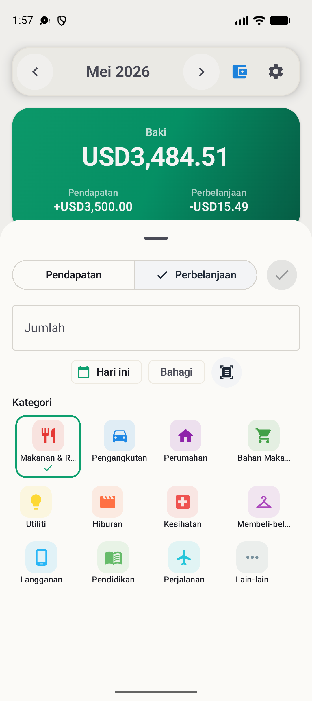 Skrin tambah transaksi BudgetVault Android
