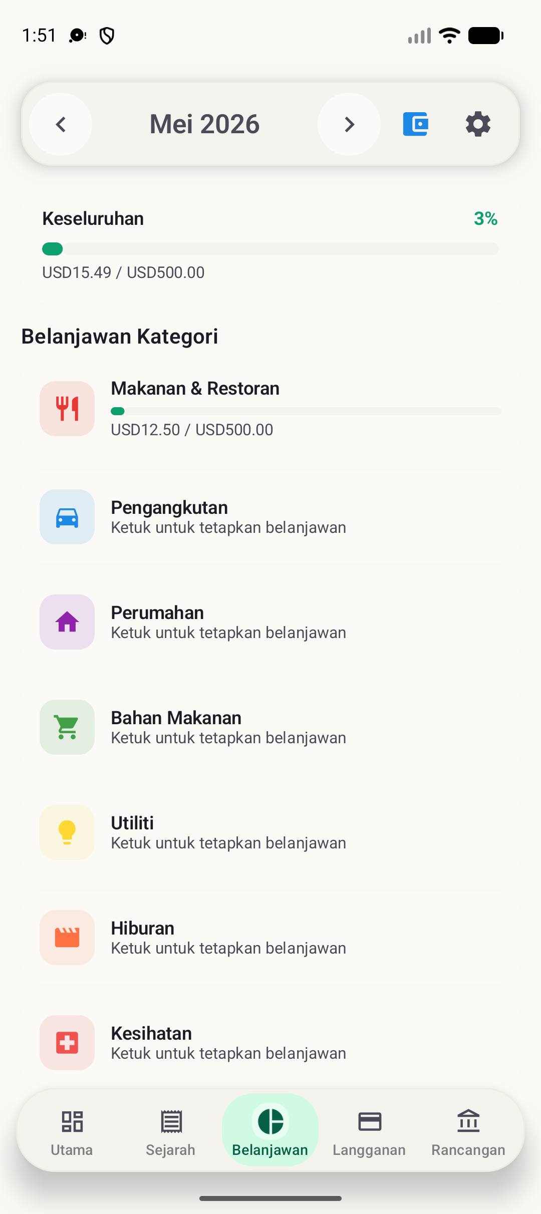 Skrin bajet BudgetVault Android