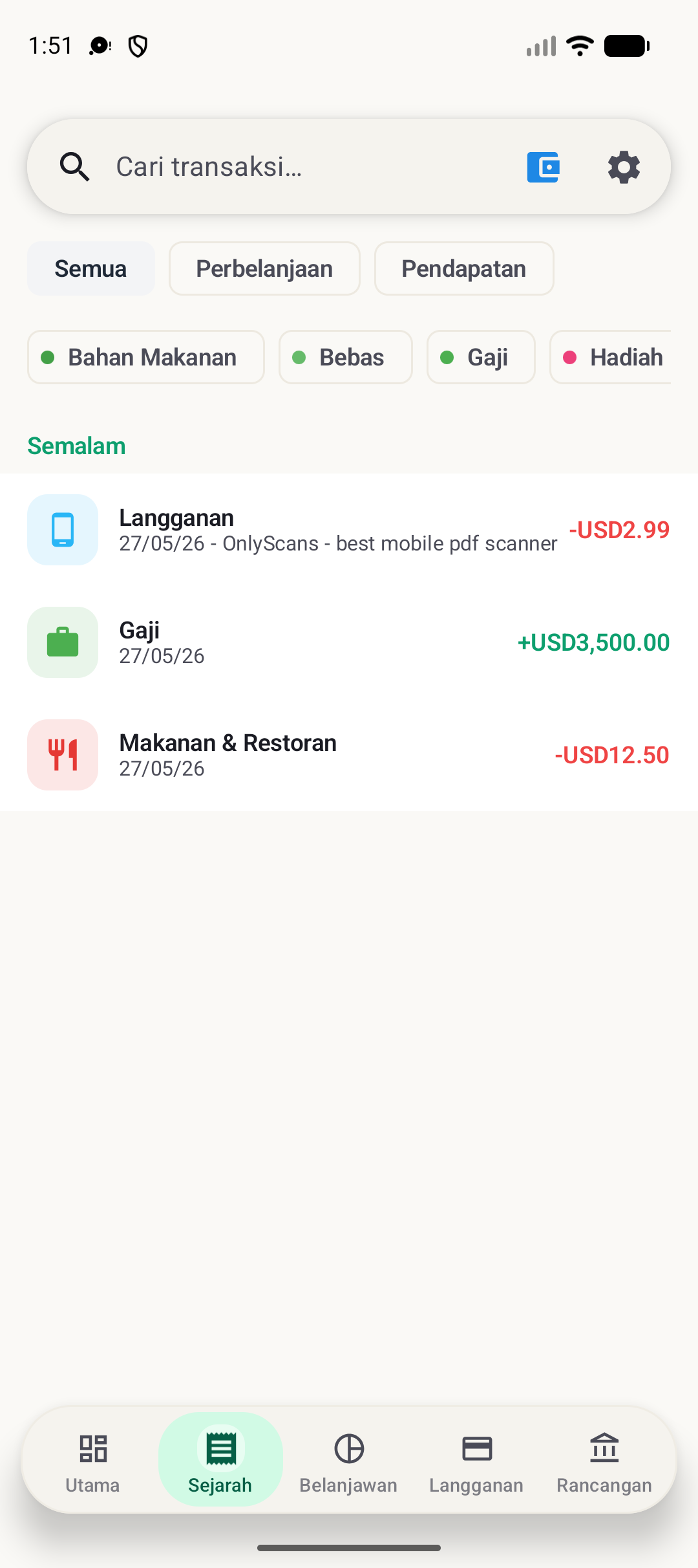Skrin sejarah BudgetVault Android