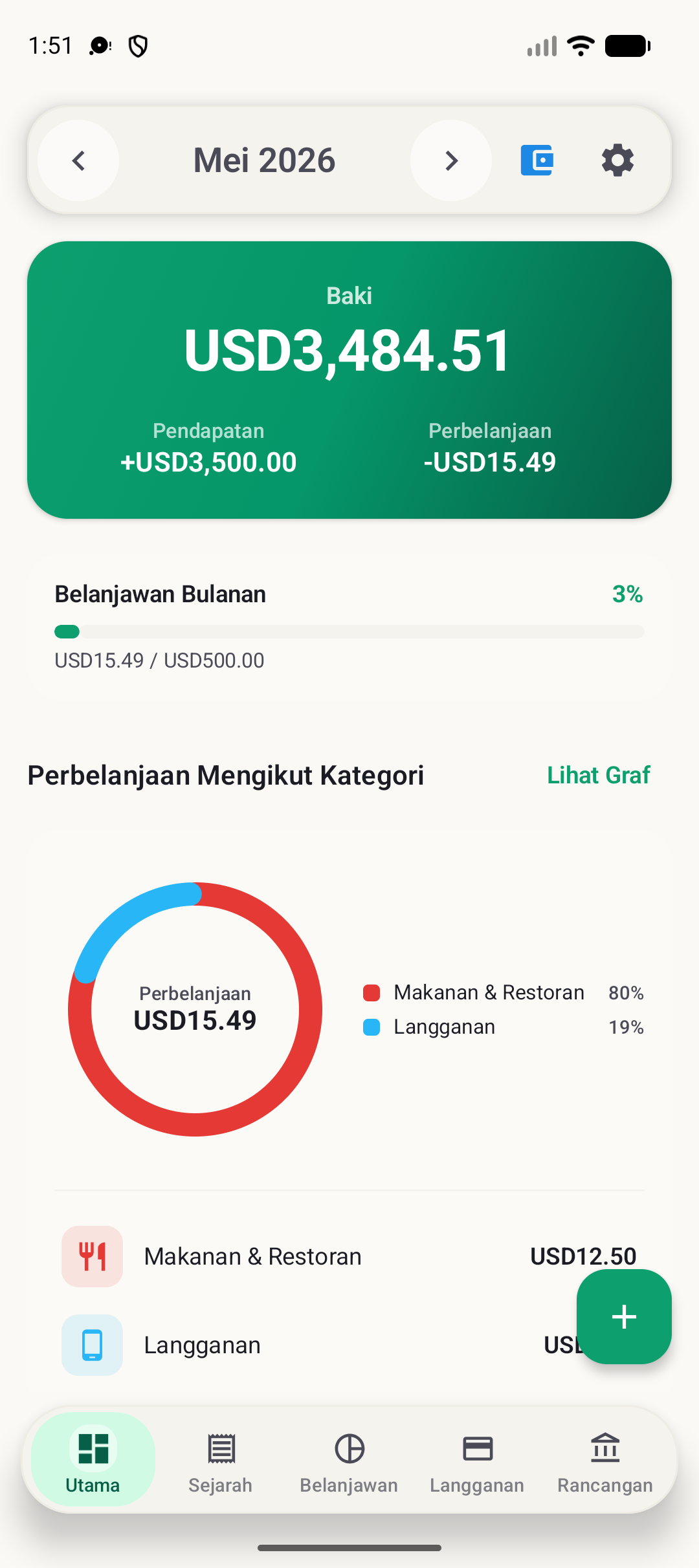 Skrin utama BudgetVault Android