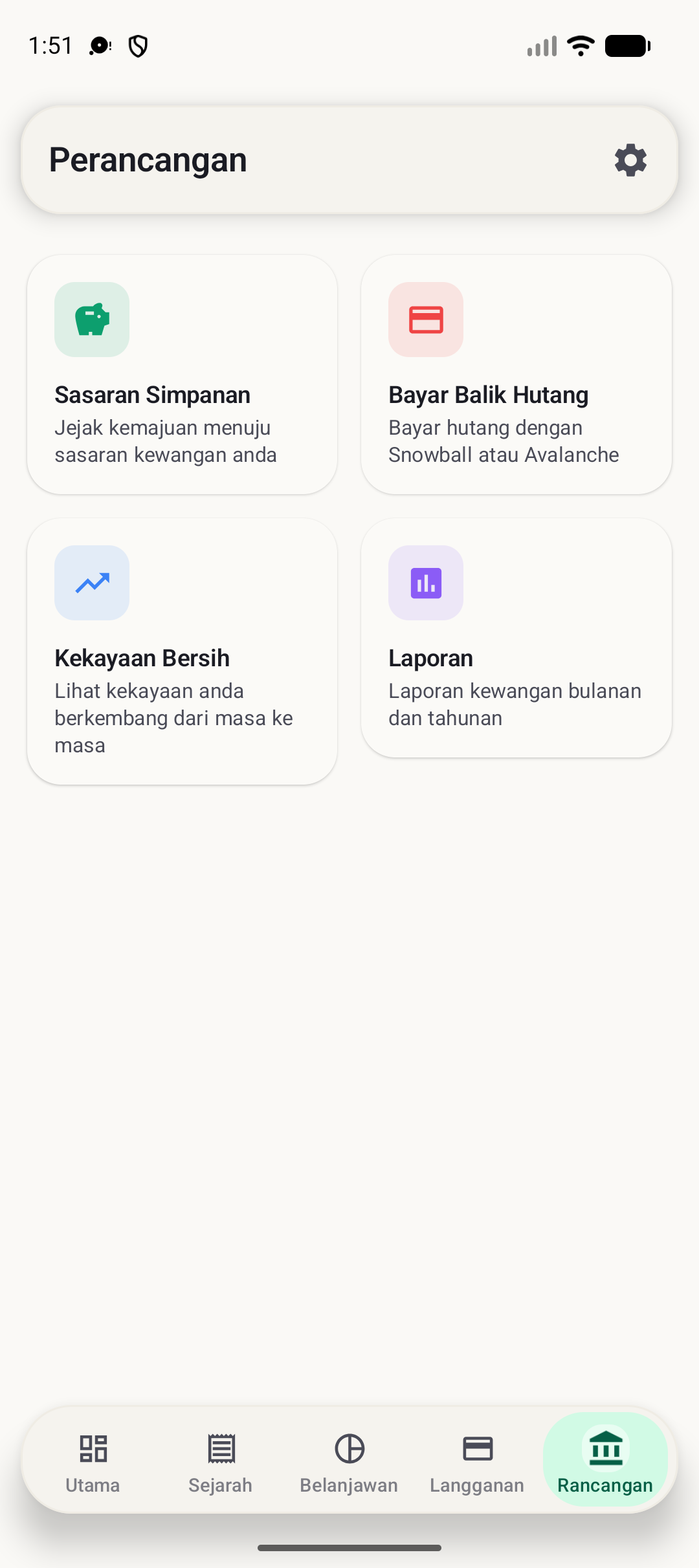 Skrin perancangan BudgetVault Android