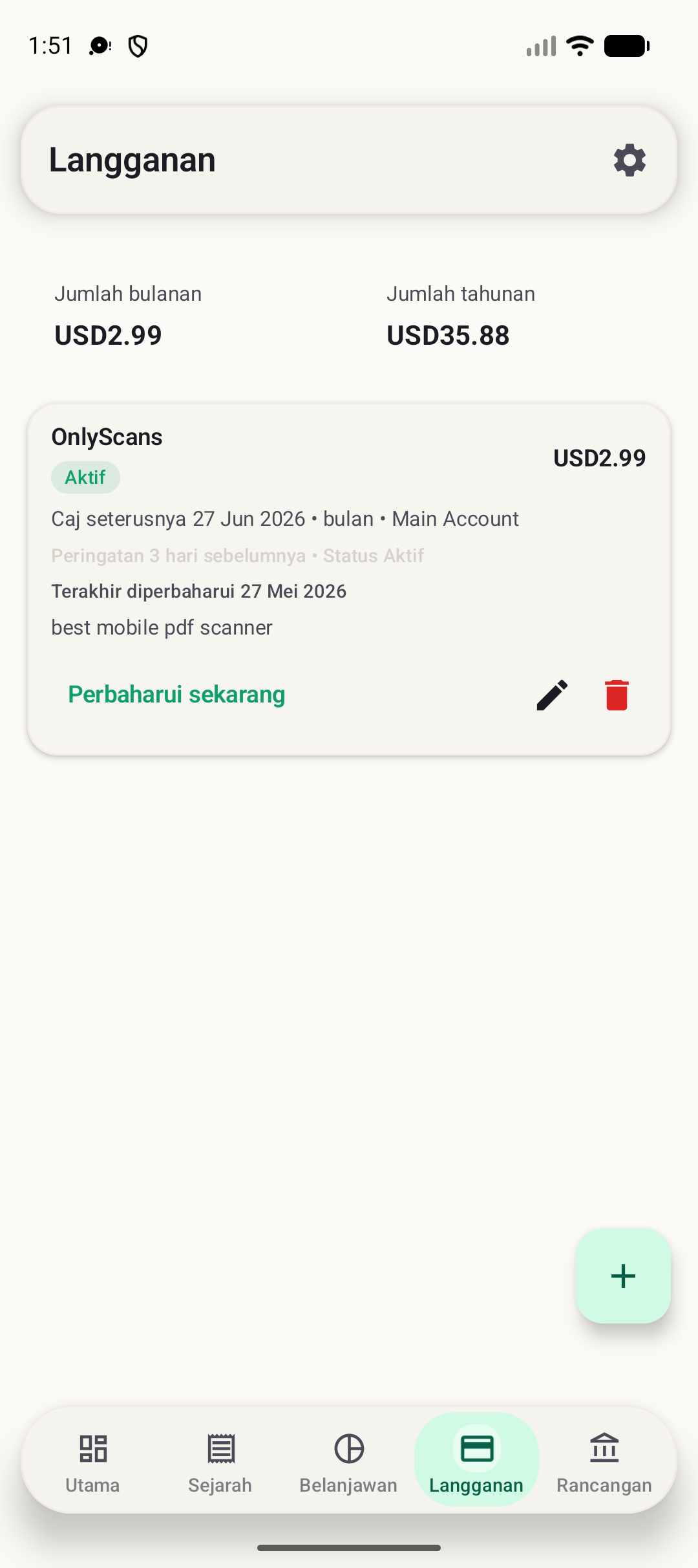 Skrin langganan BudgetVault Android