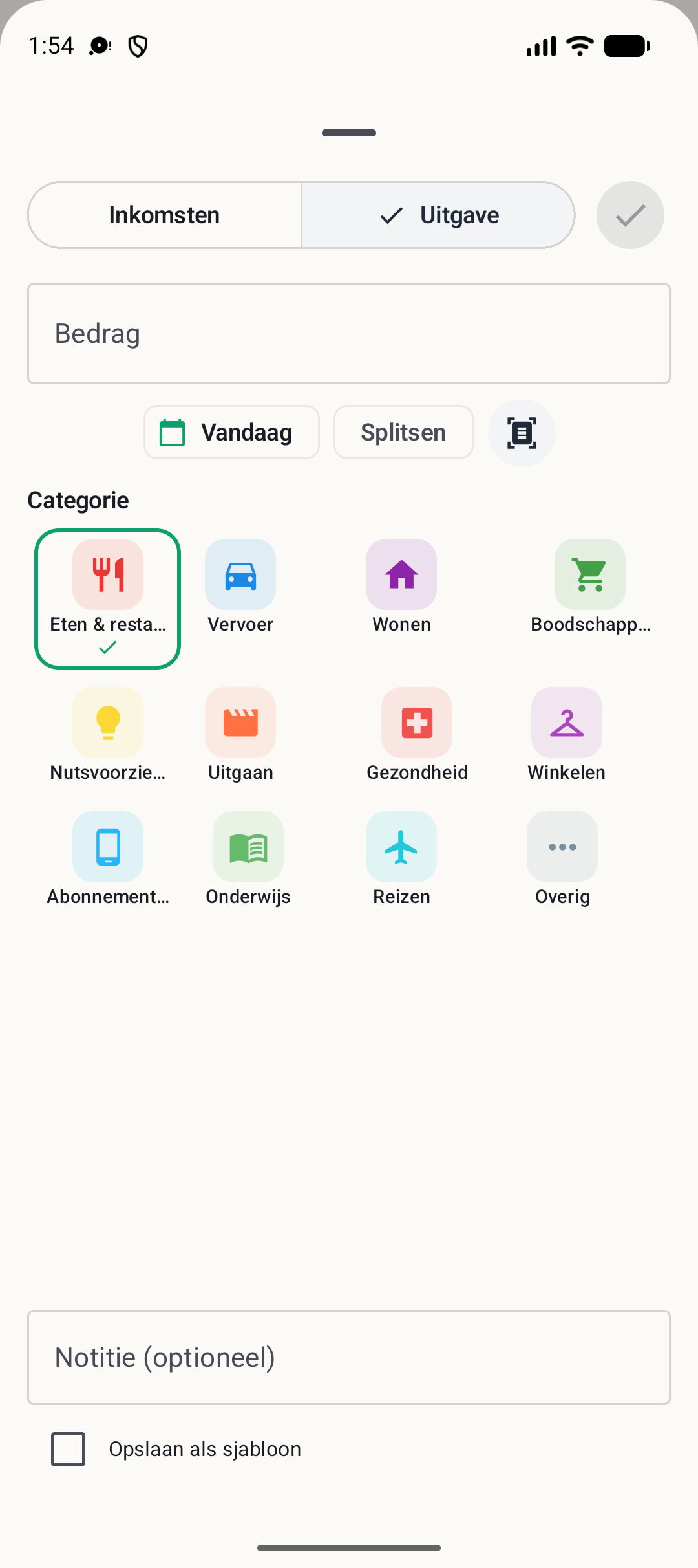 Scherm transactie toevoegen van BudgetVault voor Android