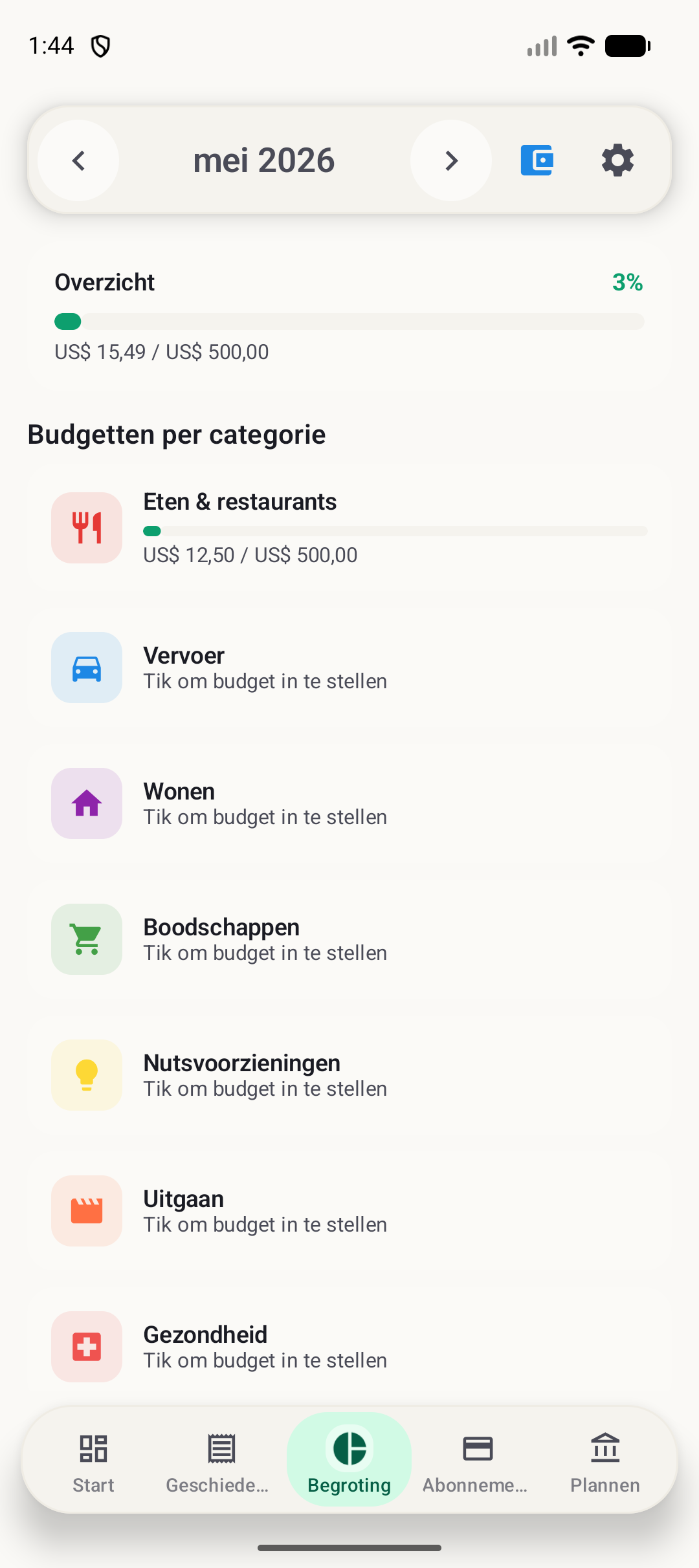Budgetscherm van BudgetVault voor Android