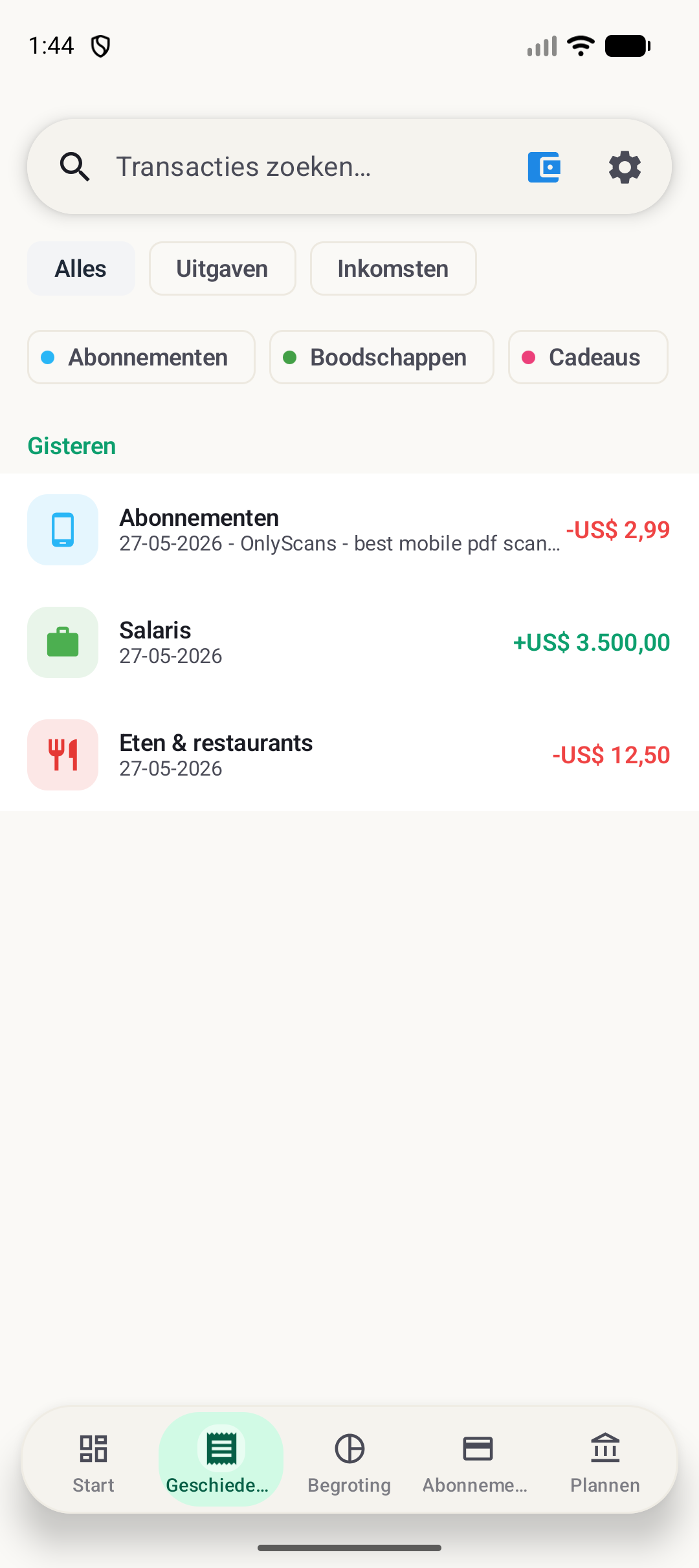 Geschiedenisscherm van BudgetVault voor Android