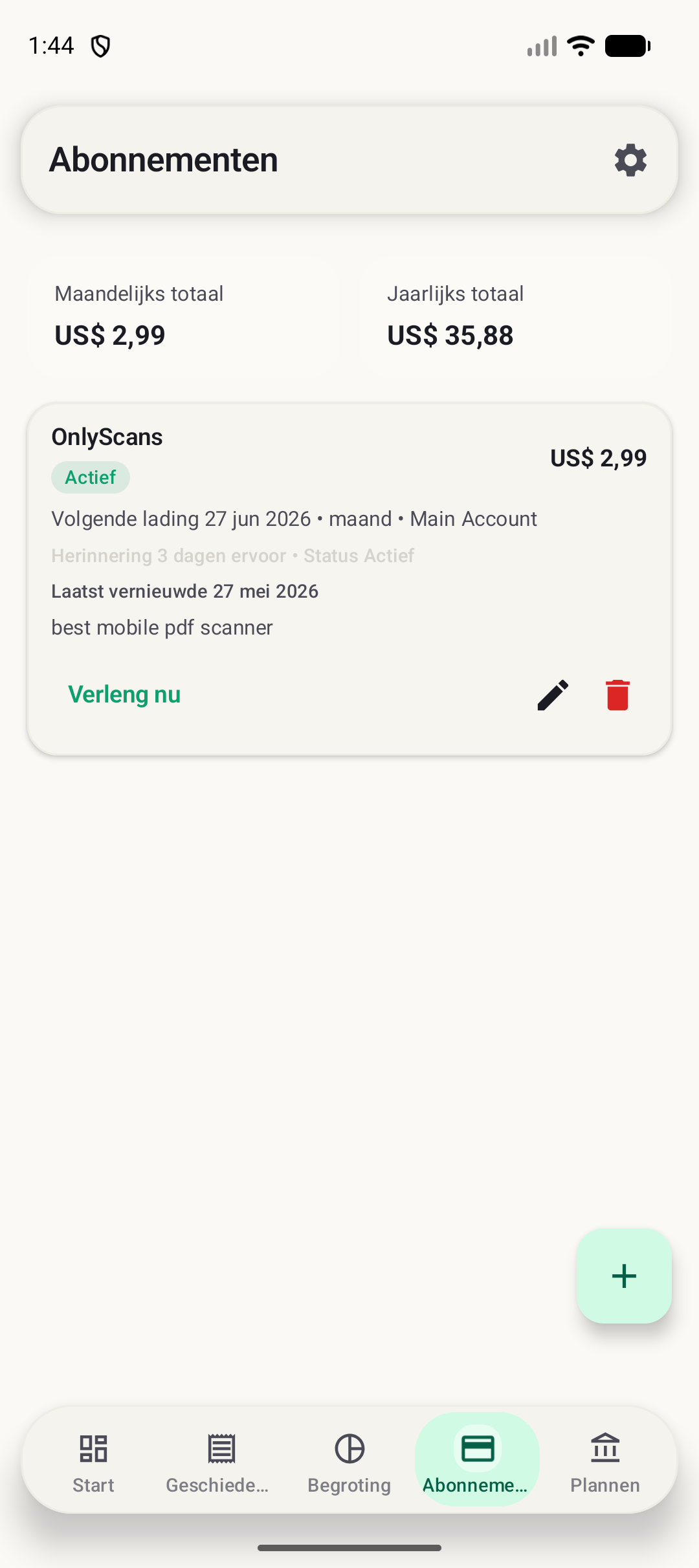 Abonnementenscherm van BudgetVault voor Android