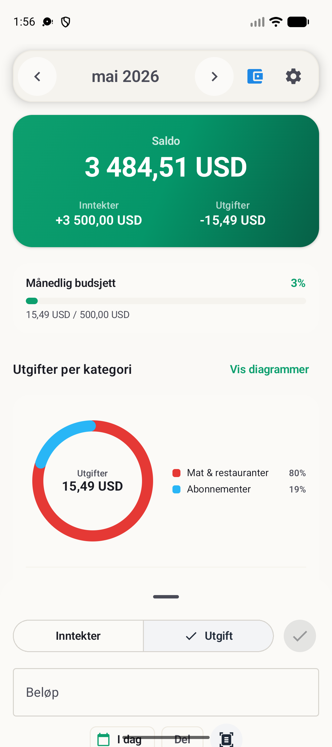 BudgetVault Android-skjerm for å legge til transaksjon