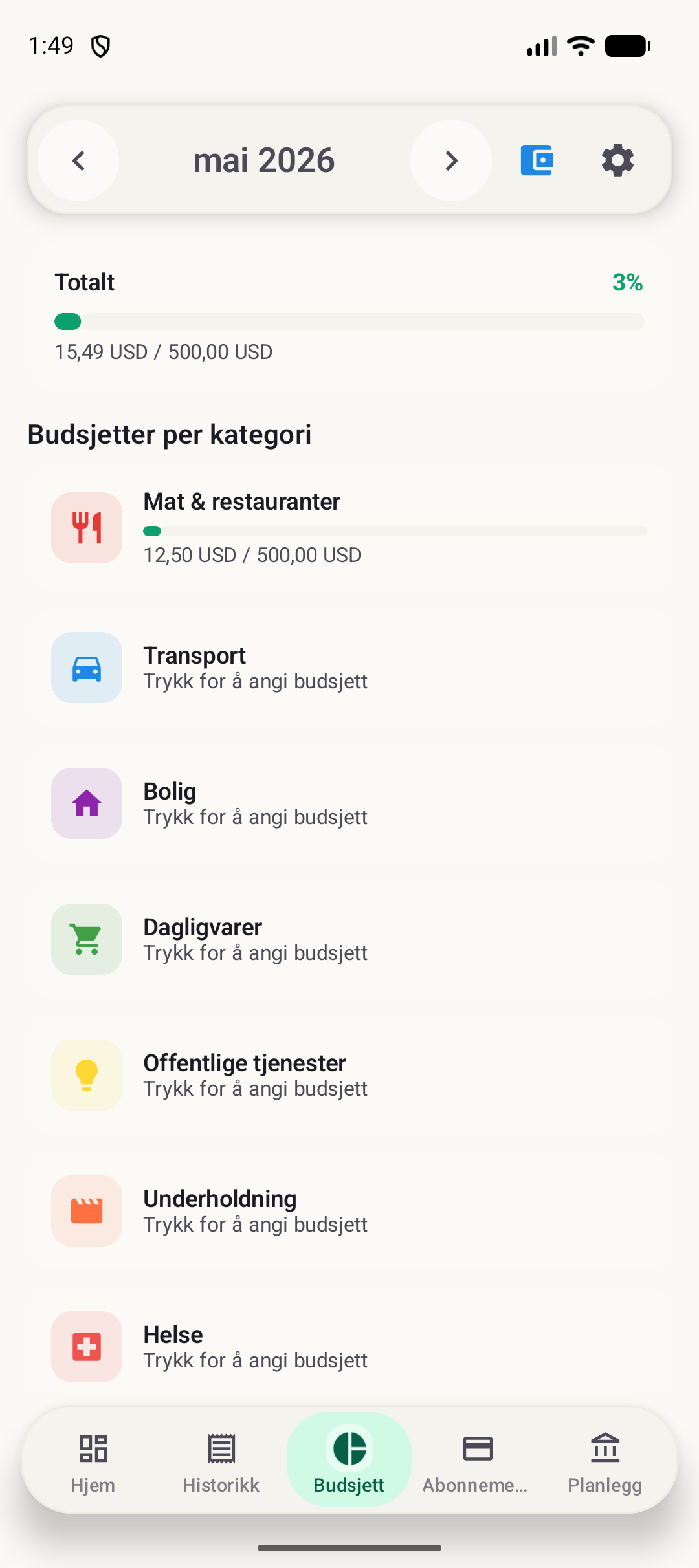 BudgetVault Android-budsjettskjerm